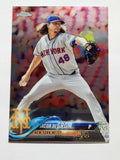Topps Chrome 2018 Baseball Card #143 Jacob DeGrom NY Mets pitcher in action with team logo and holographic design