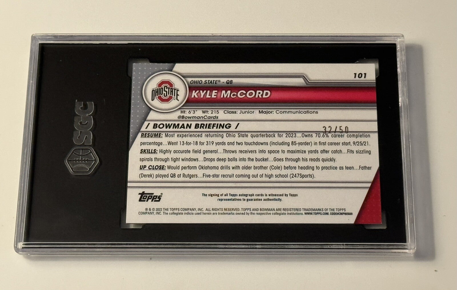 32/50 Kyle McCord GOLD RC Refractor 2023 Bowman U Chrome Card #101 State SGC 9.5