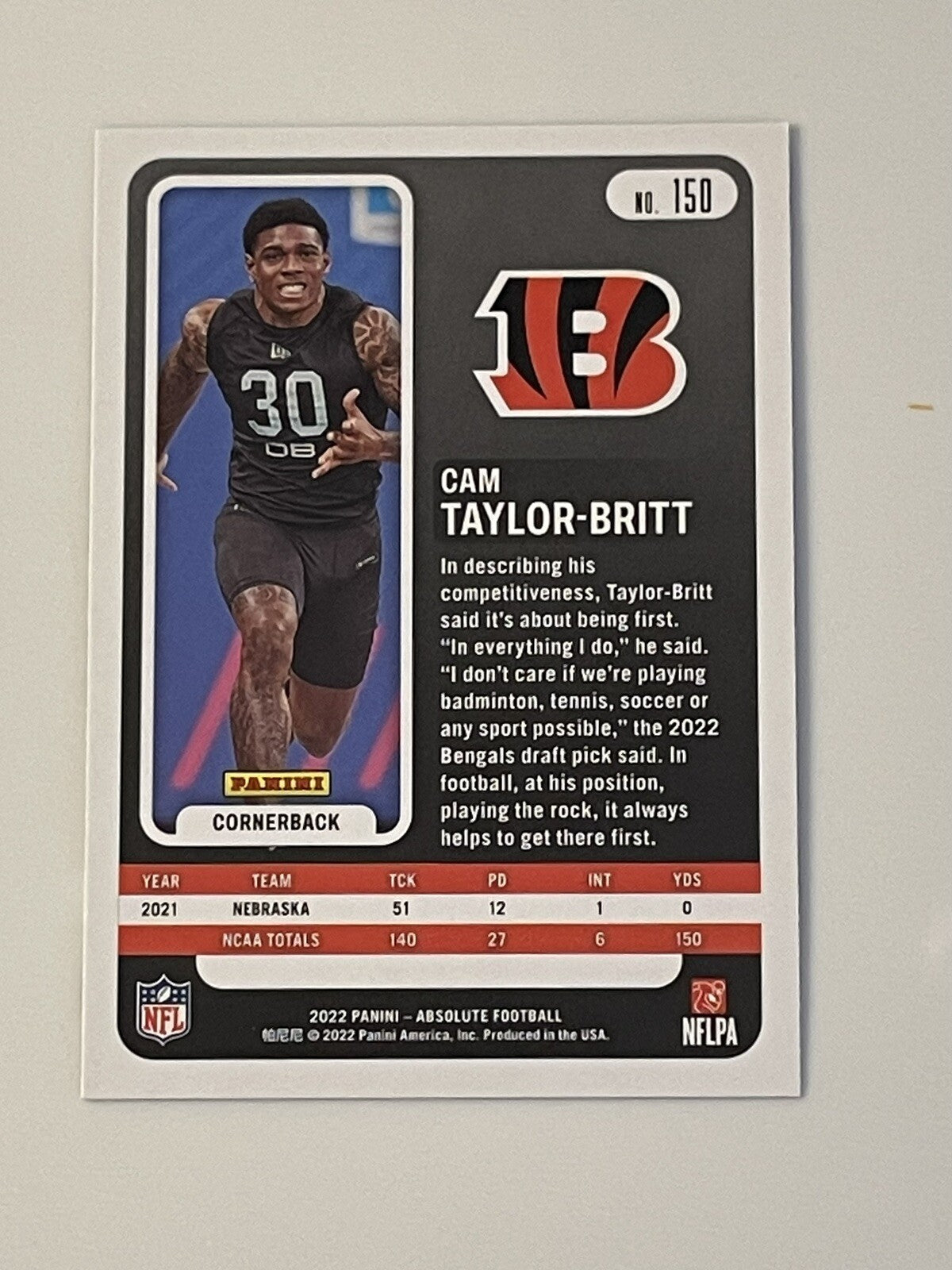 Cam Taylor-Britt 2022 Panini Absolute Football #150 Hobby Silver Bengals 🐅 🔥🐅