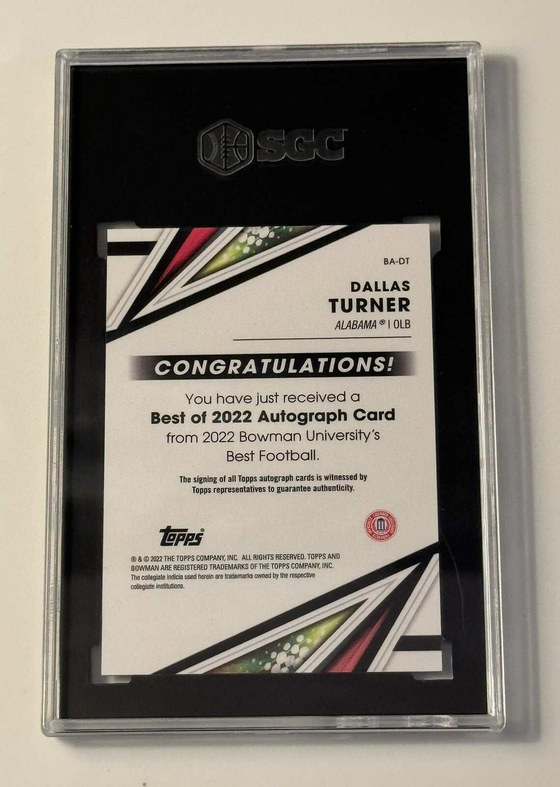 Dallas Turner autographed 2022 Bowman's Best Alabama Crimson Tide football card graded SGC 9.5