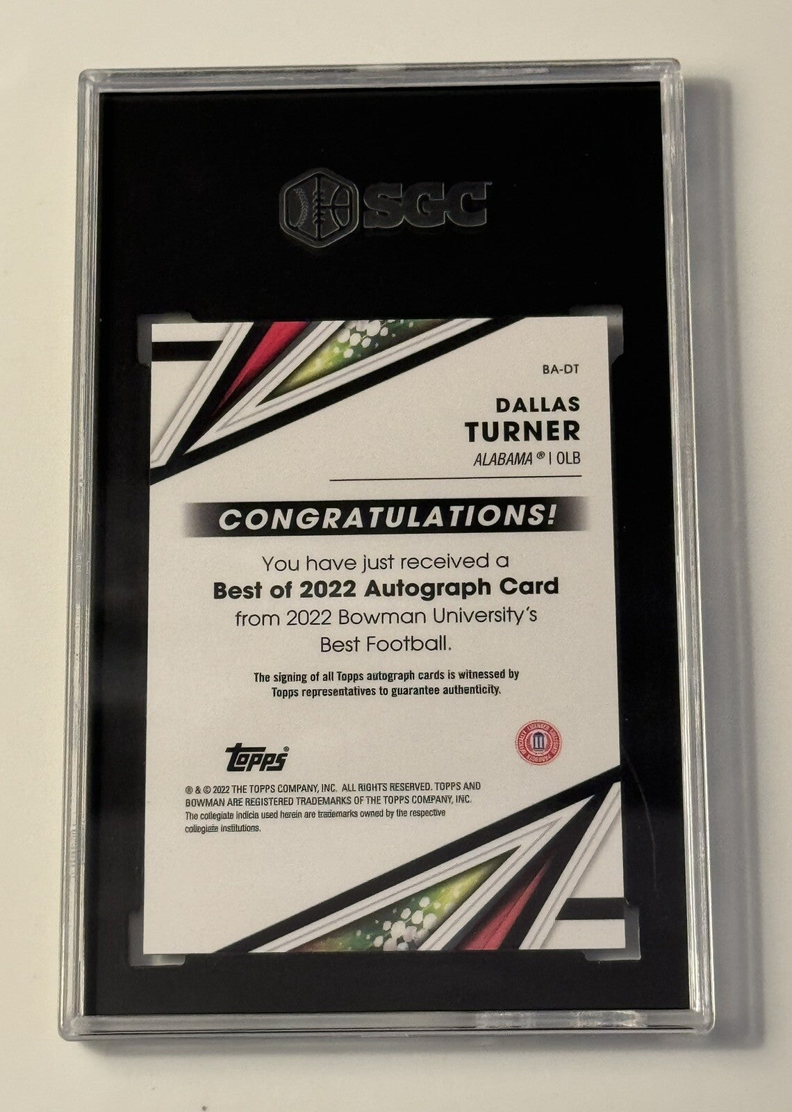 Dallas Turner RC* Autograph 2022 Bowman’s Best Alabama Crimson Tide Card SGC 9.5