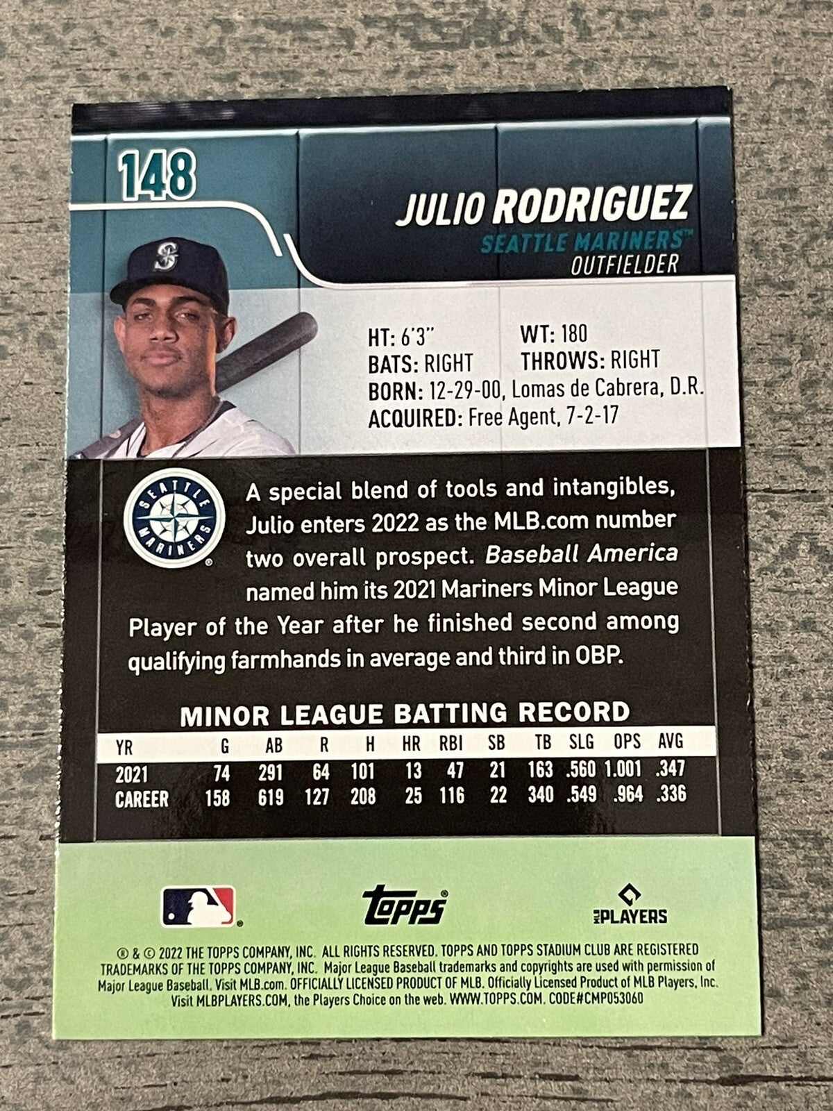 2022 Topps Stadium Club - JULIO RODRIGUEZ - Rookie RC #148 Seattle Mariners MINT