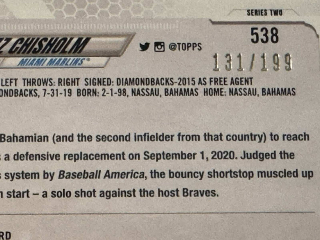131/199 Jazz Chisholm RC 2021 Topps Series 2 Green Foil MLB Marlins/Yankees baseball trading card