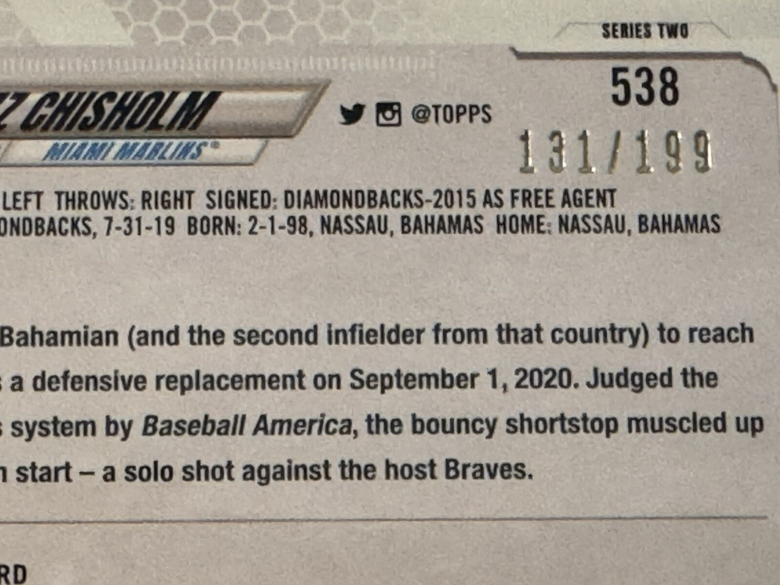 131/199 Jazz Chisholm RC 2021 Topps Series 2 Green Foil MLB Marlins/Yankees #538