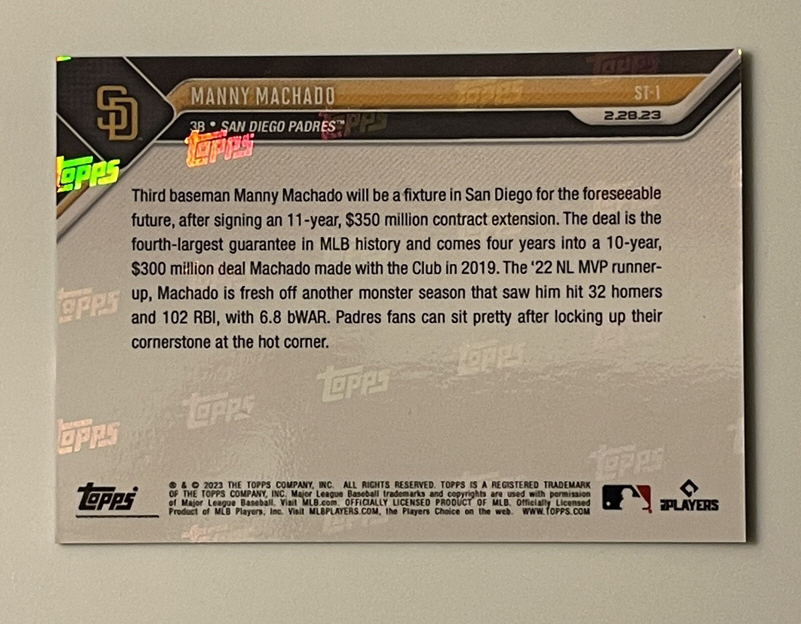 2023 Topps Now Spring Training #ST-1 MANNY MACHADO 11-Year $350 Million