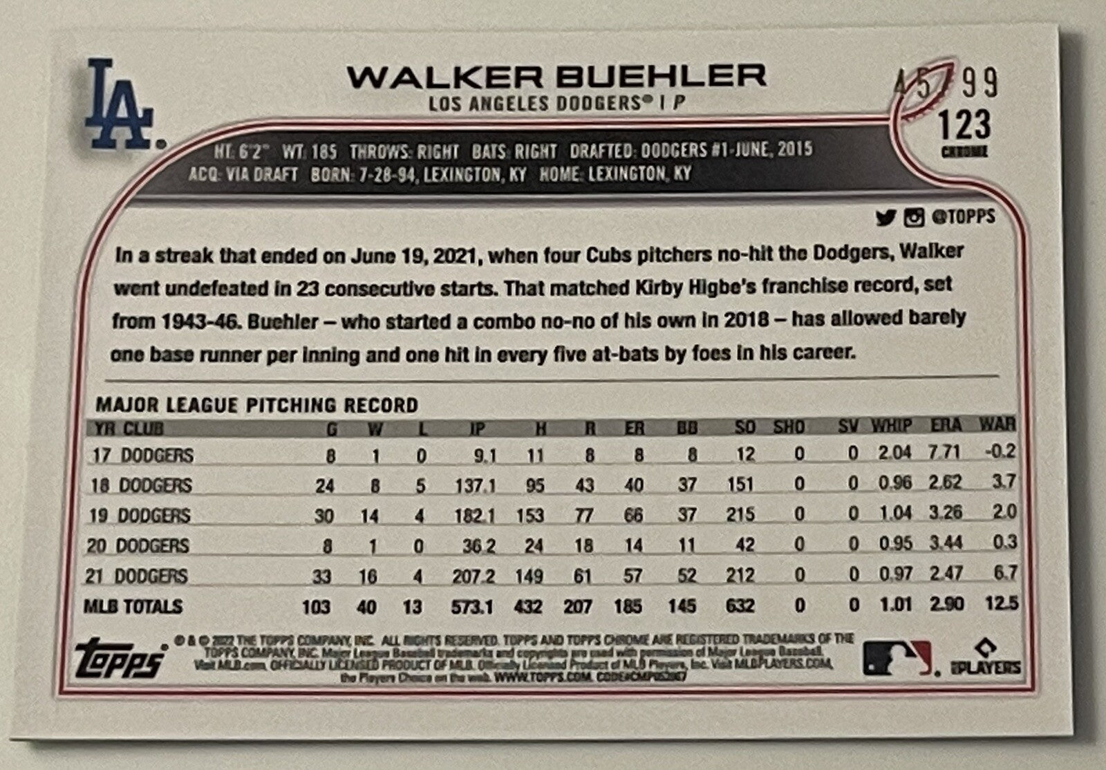 2022 Topps Chrome -Walker Buehler* Green Logofractor SP #45/99 - MLB LA Dodgers*