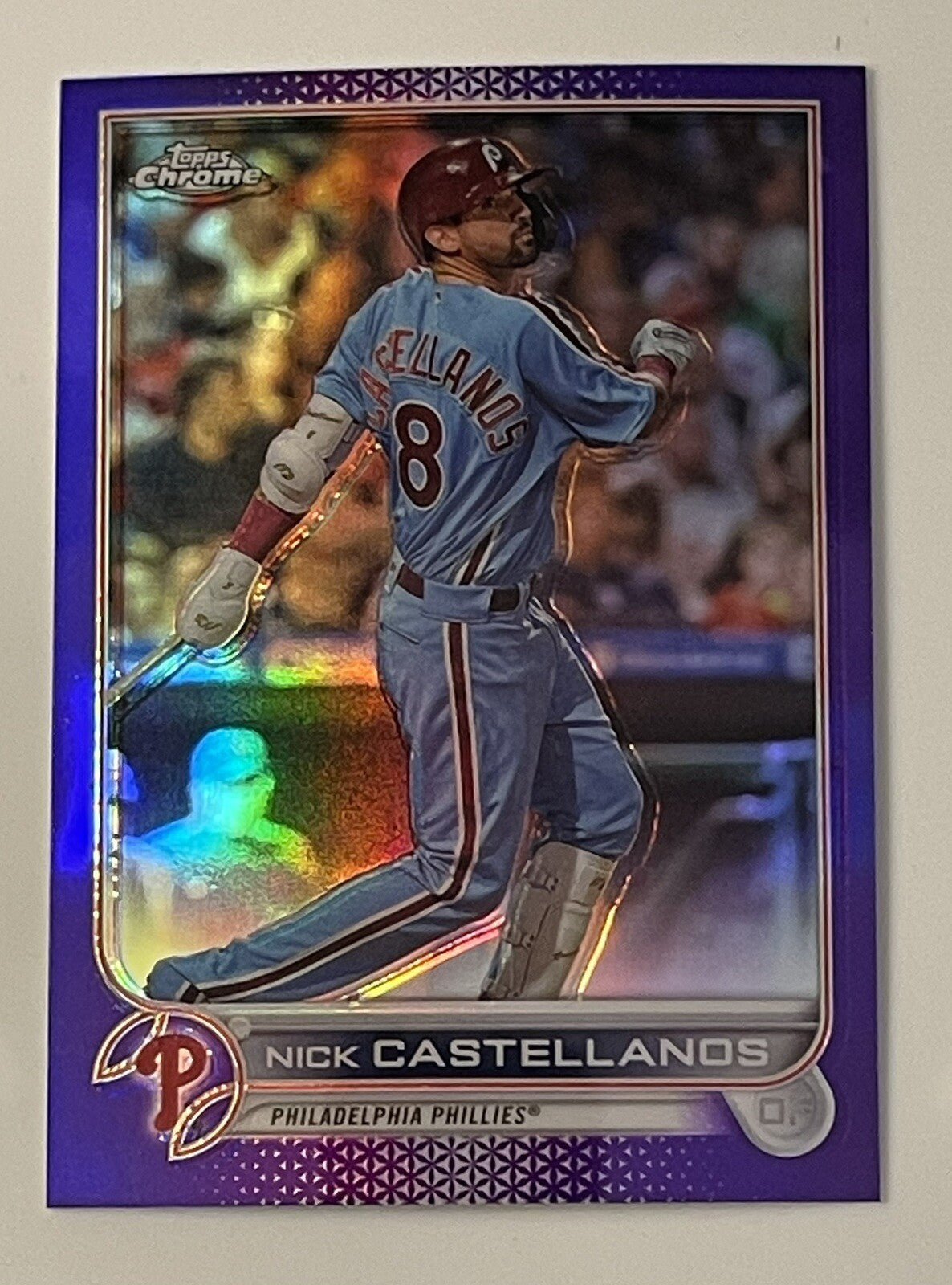 Nick Castellanos 2022 Topps Chrome Update Purple Refractor baseball card Phillies