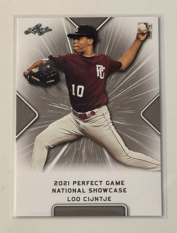 2021 Leaf Perfect Game Rookie card of Loo Cijntje pitching for Seattle Mariners