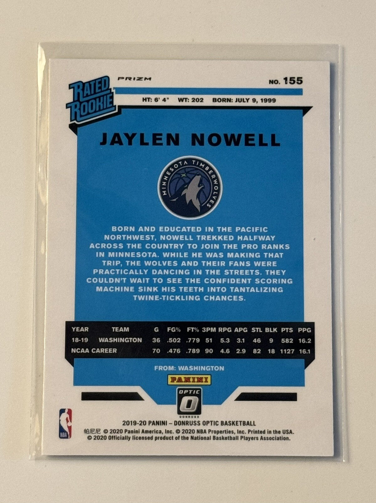 2019-20 Donruss Optic Jaylen Nowell Purple RC Prizm Rated Rookie NBA TWolves 155