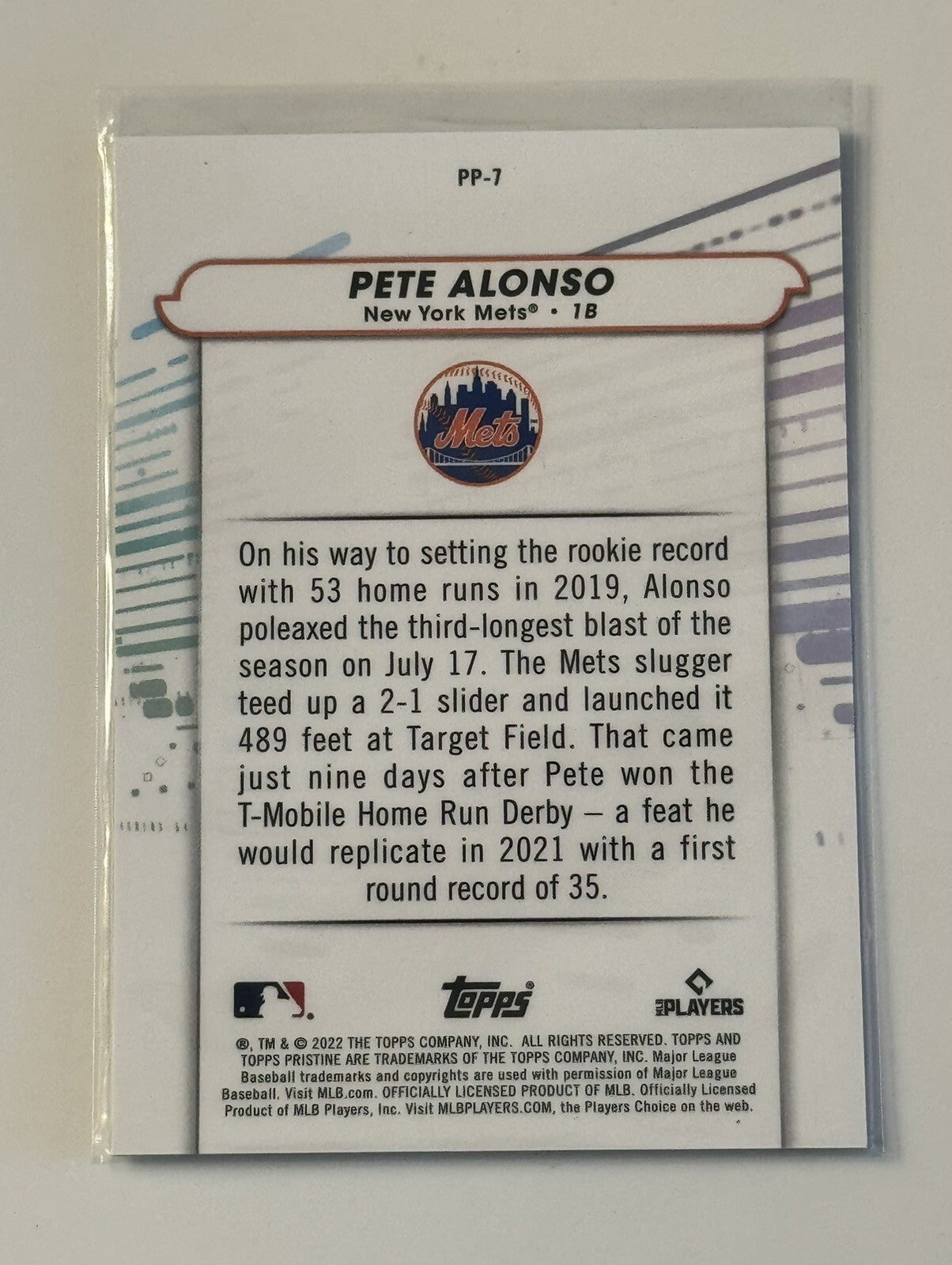 2022 Topps Pristine Pure Power Pete Alonso Refractor Topps Card PP-7 MLB NY Mets