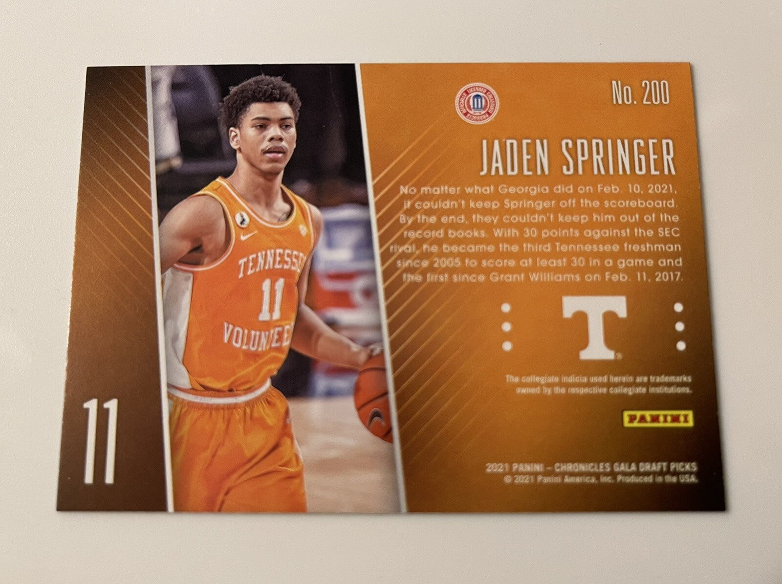 Jaden Springer RC 2021 Panini Chronicles Gala Draft Picks card #200 Tennessee Volunteers basketball player collectible