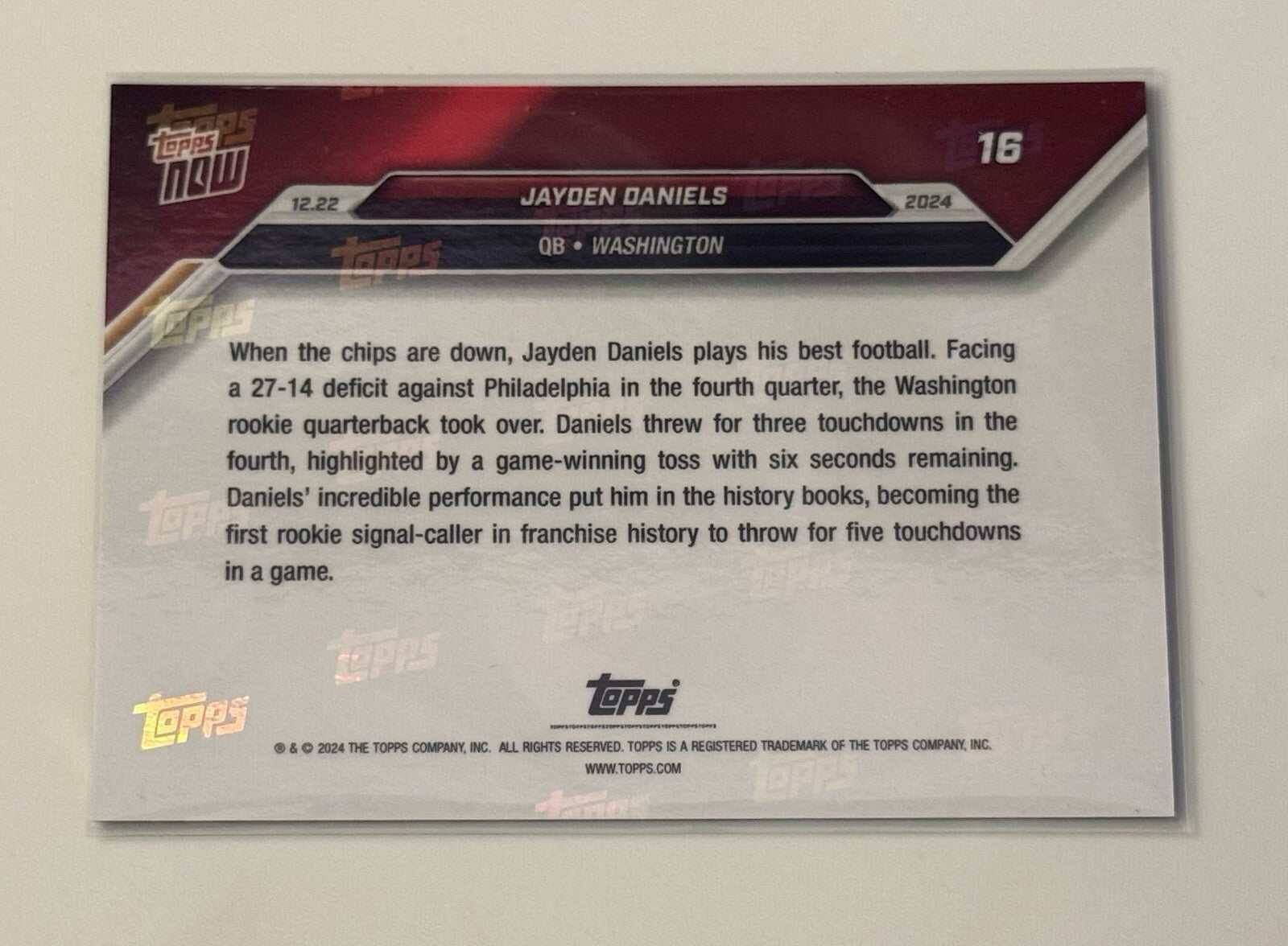 Topps NOW Jayden Daniels 2024 football card back with player stats and game highlights