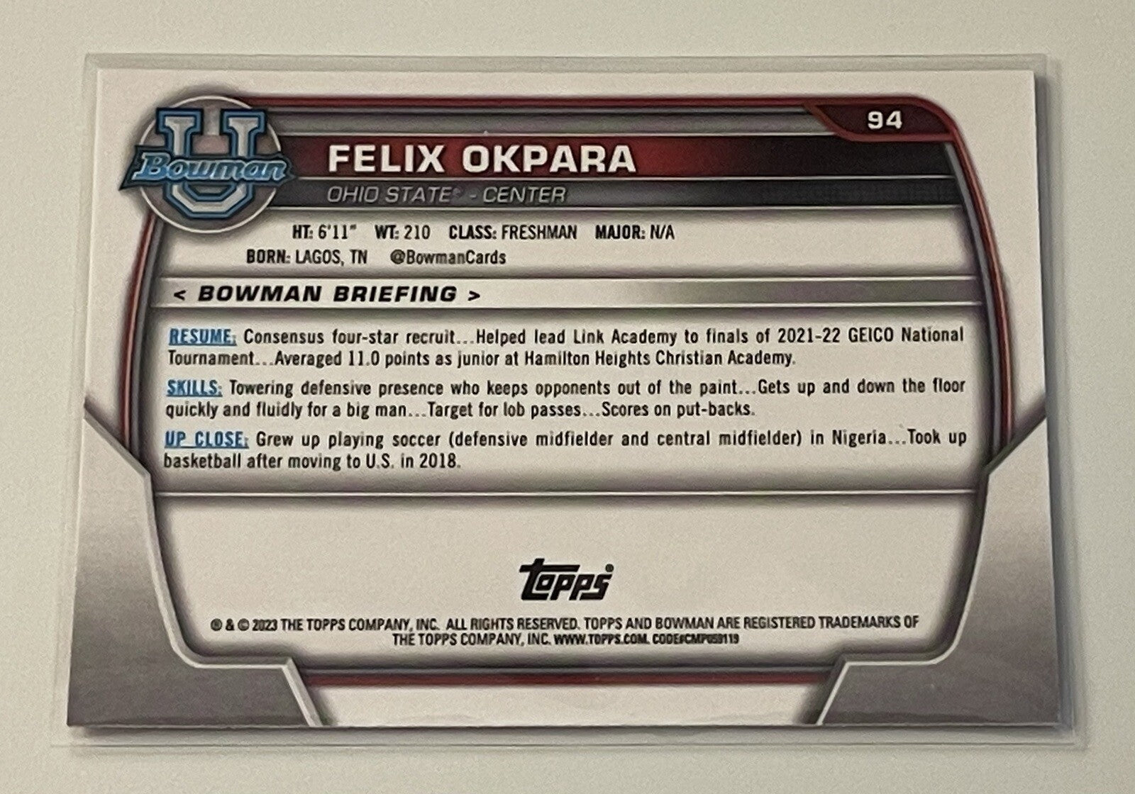 2022-23 Bowman University Chrome Felix Okpara RC 1st Bowman Card #94 Ohio State*