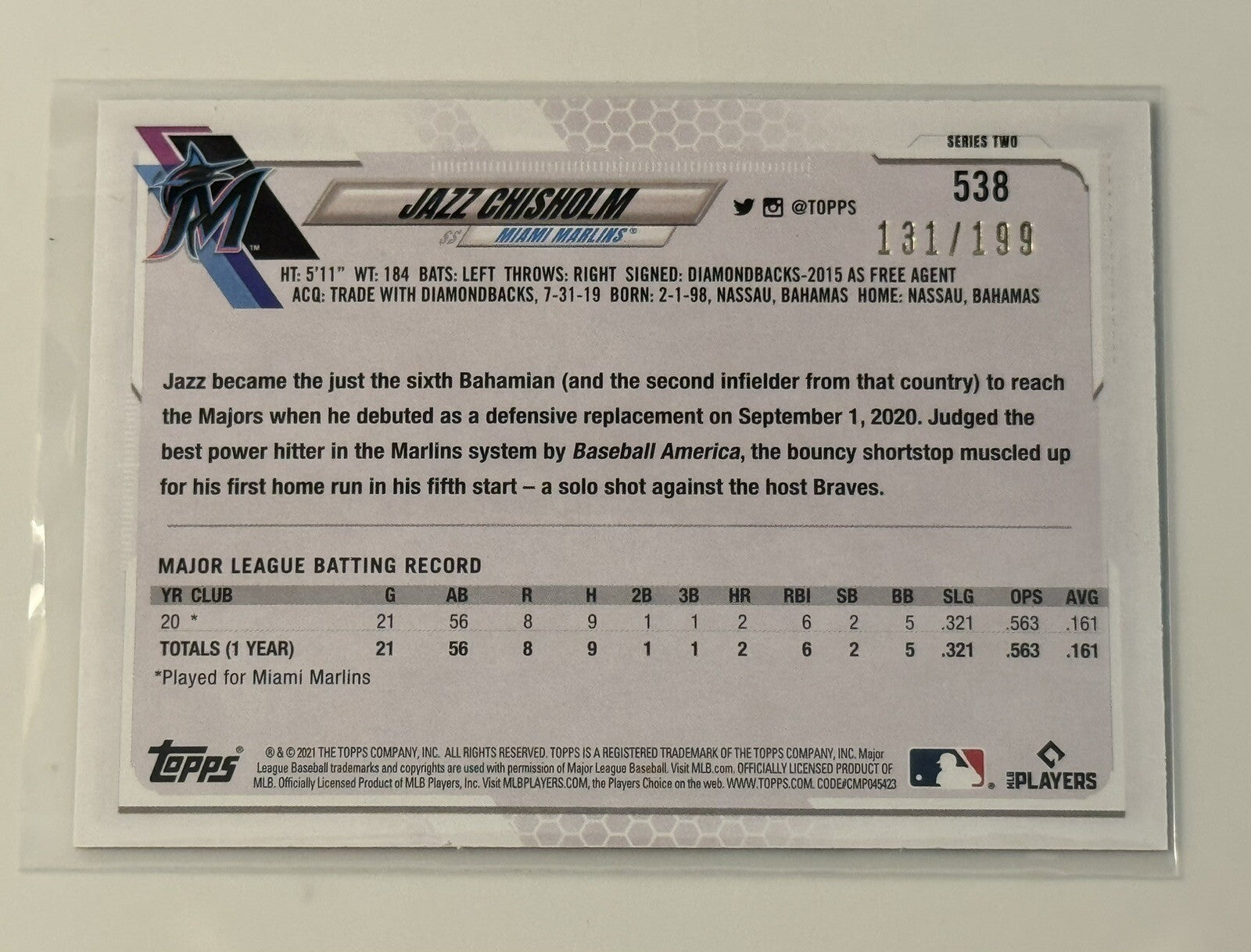 131/199 Jazz Chisholm RC 2021 Topps Series 2 Green Foil MLB Marlins/Yankees #538