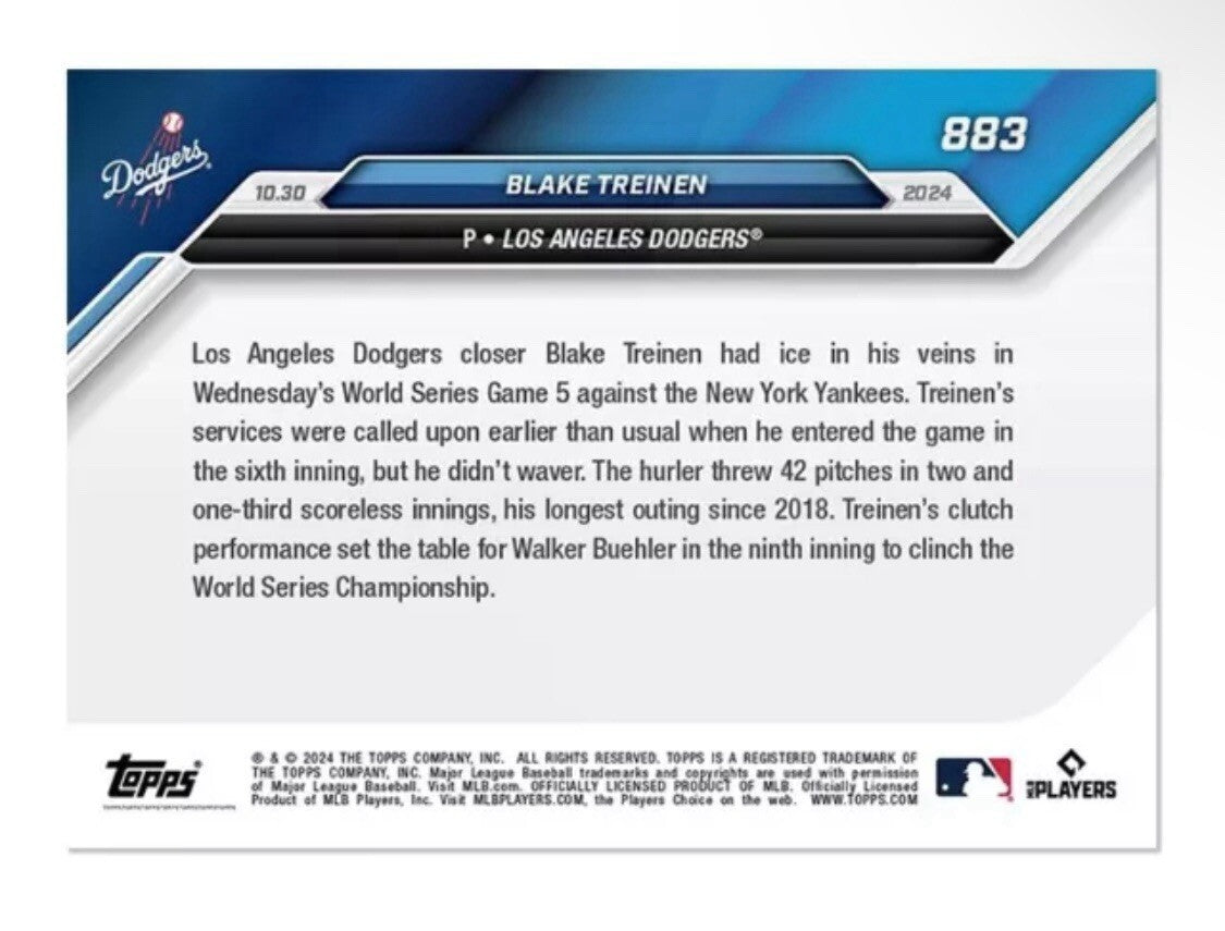 2024 MLB WS Topps NOW BLAKE TREINEN - WORLD SERIES LA Dodgers Card #883 - READY!