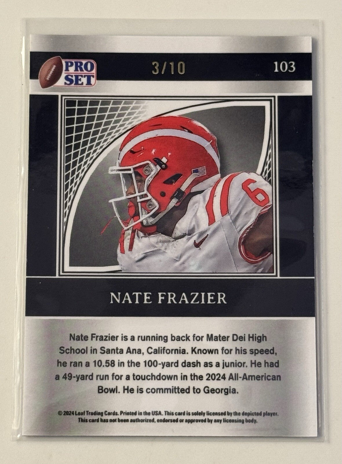 3/10 Nate Frazier RC* 2024 Leaf Pro Set Metal Proof Crystal Silver UGA Dogs #103