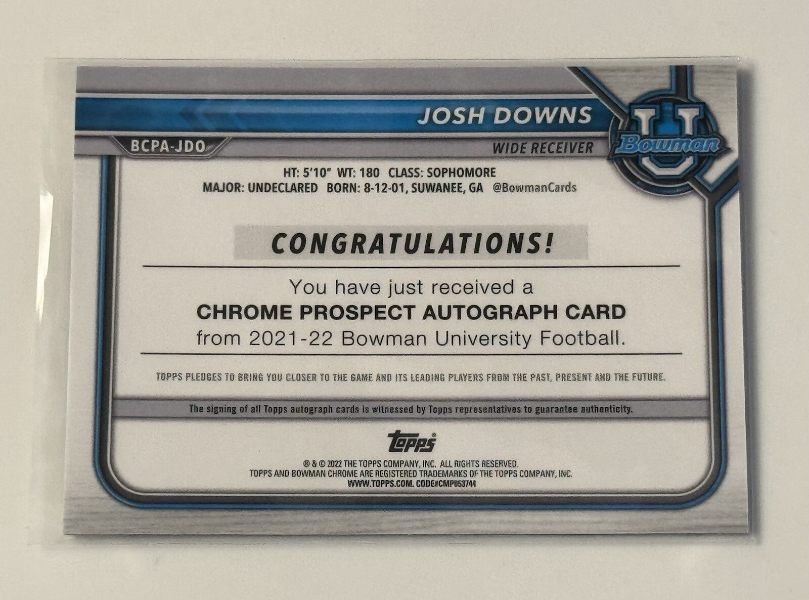 2021 1st Bowman Chrome Josh Downs RC Auto 1st  Refractor NFL Colts Card BCPA-JDO