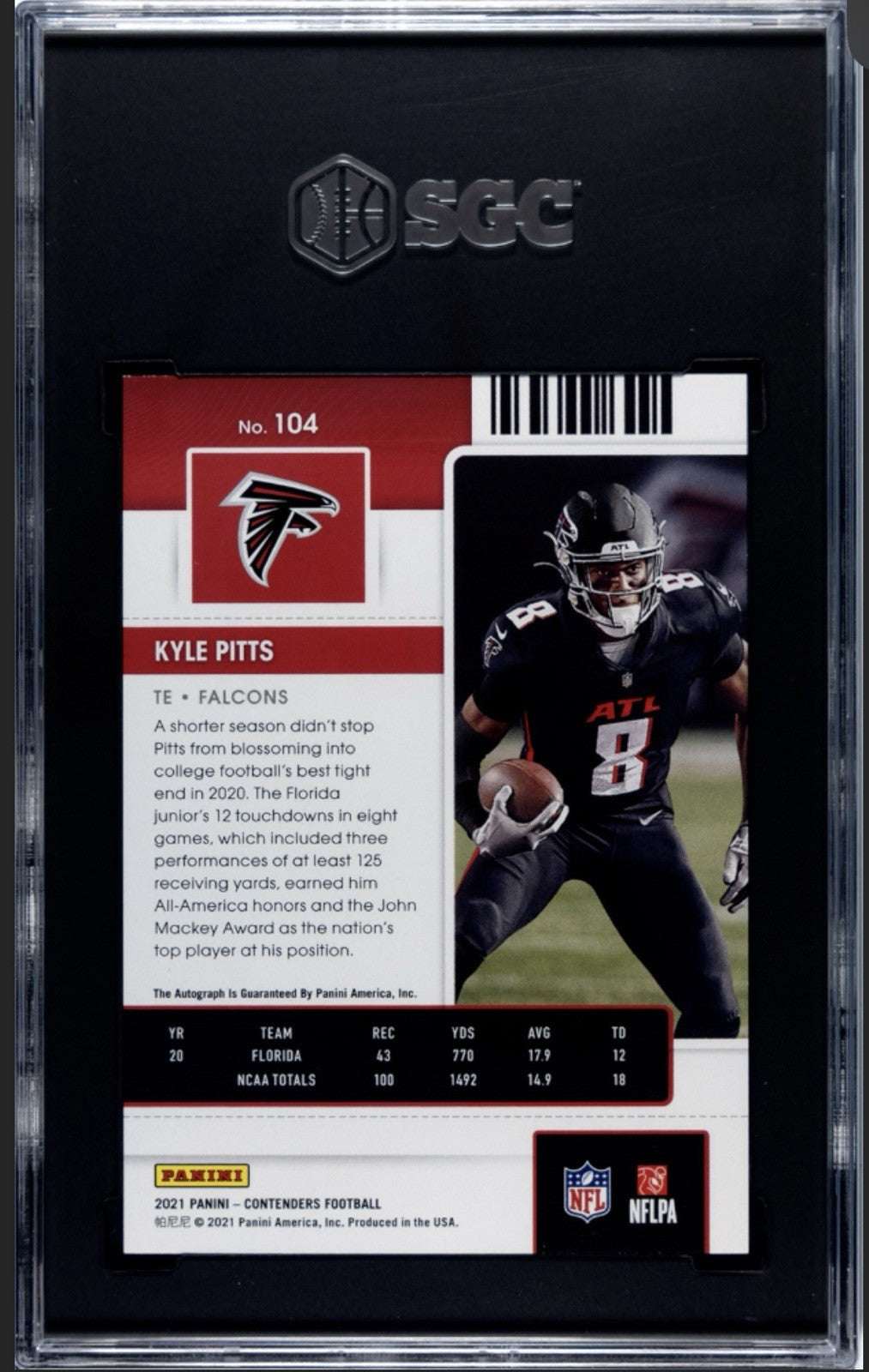 2021 Contender Kyle Pitts autographed rookie card graded SGC 9 with Falcons uniform and signature