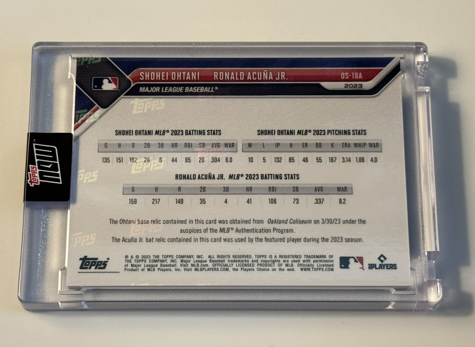 11/25* DUAL Game-Used Base/Bat Relic Ohtani/Acuna 2023 Topps Now OS18B - IN HAND