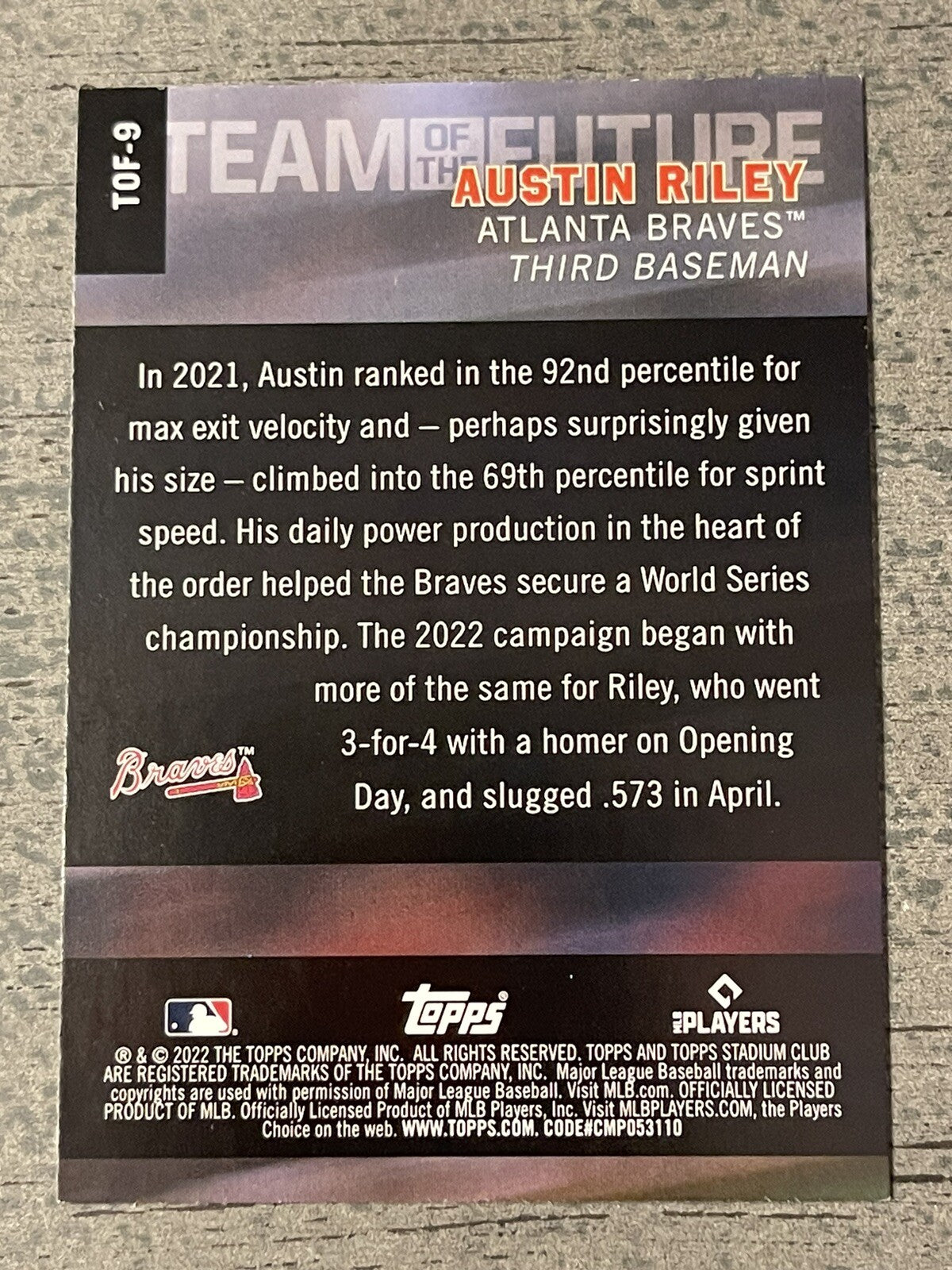 2022 Topps Stadium Club Austin Riley Team Of The Future Insert #TOF-9 MLB Braves