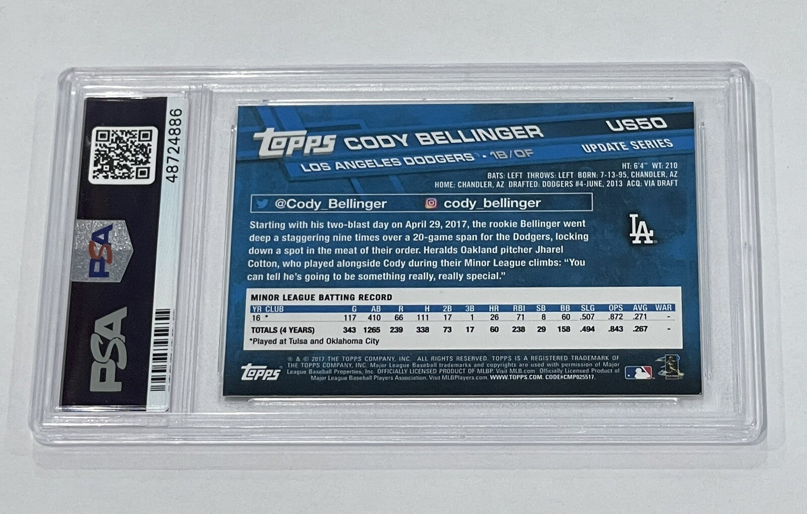 2017 Topps Update Cody Bellinger RC* Swinging #US50 PSA 9* MLB LA - Rookie Card*