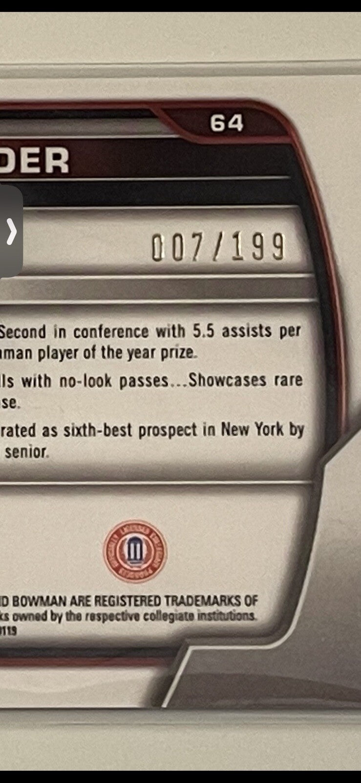 2022-23 Bowman University Chrome POSH ALEXANDER RC 7/199 -1st Purple Shimmer #64