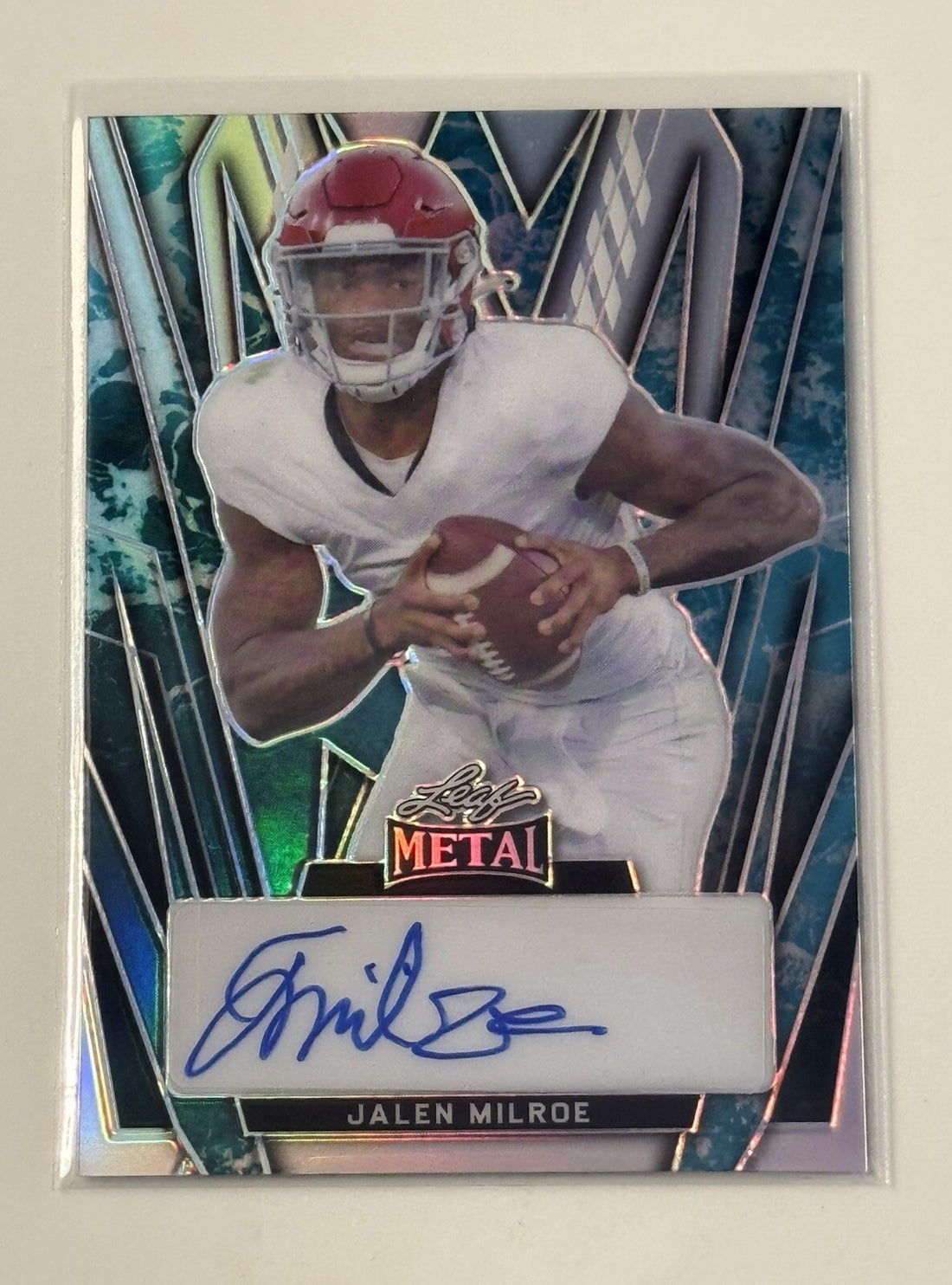 1/5 Jalen Milroe RC Auto 2024 Leaf Metal Football Red Wave Alabama - Card BA-JM1