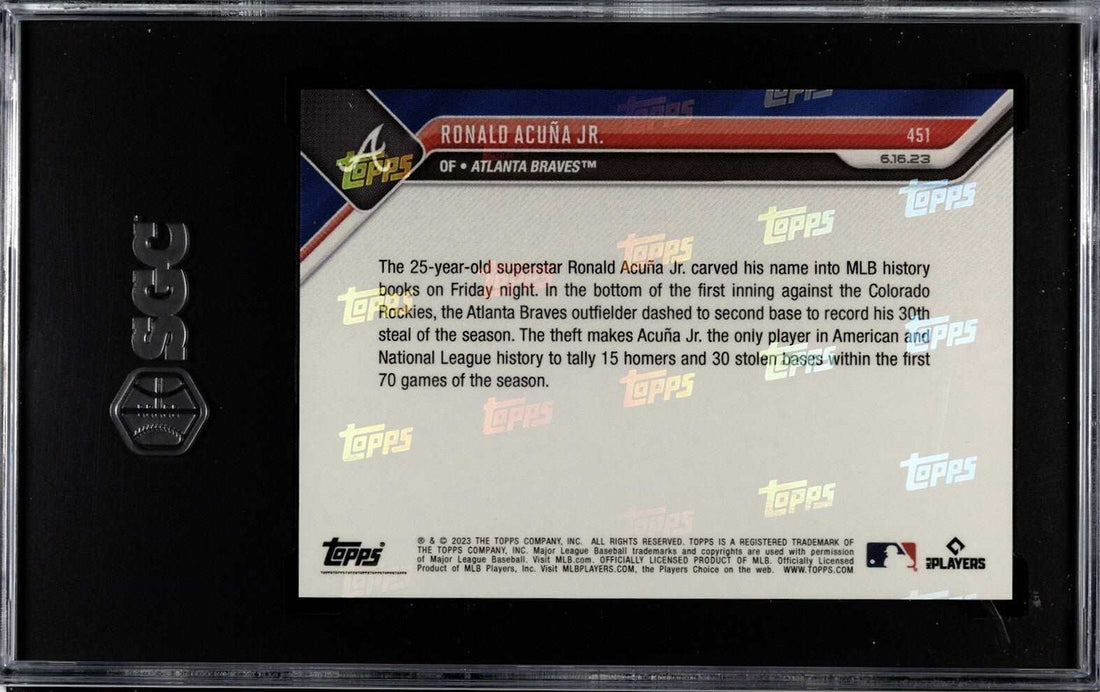 2023 Topps NOW Ronald Acuna Jr baseball card SGC 10 graded, 15 HR & 30 SB in first 70 games