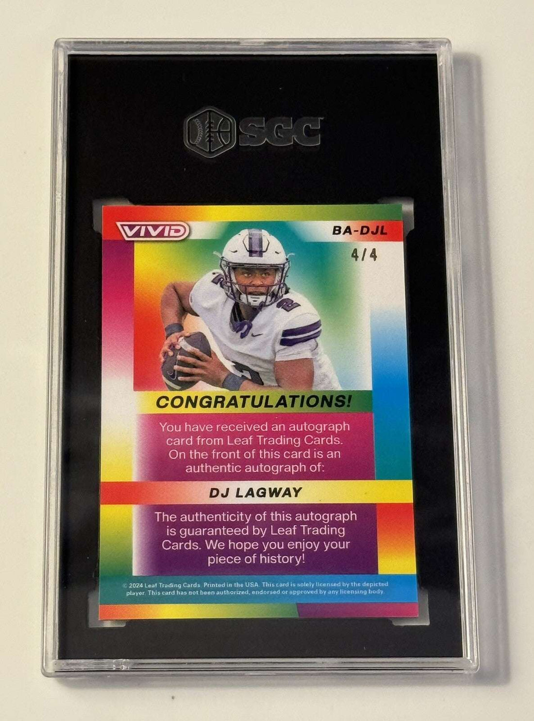 2024 Leaf DJ Lagway autographed rookie football card green mojo vivid SGC 10 graded