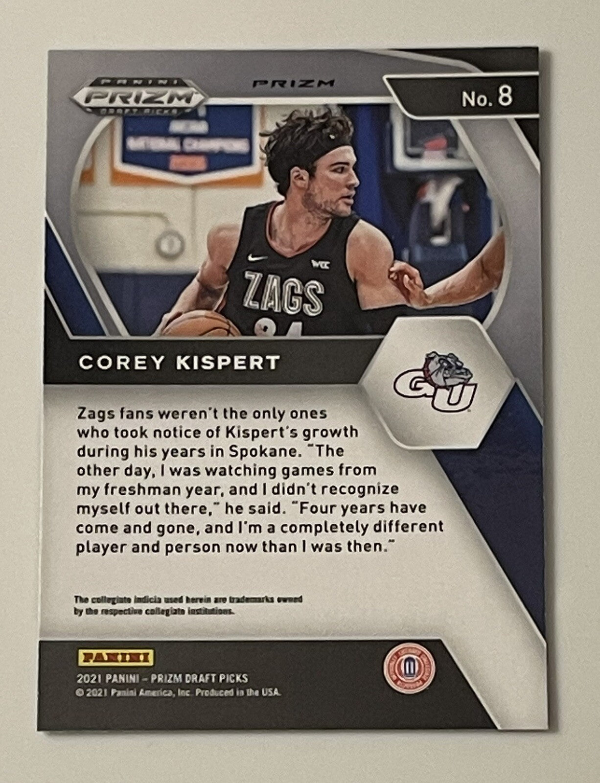 2021 Panini Prizm COREY KISPERT RC Card Card #8 NBA Rookie Washington Wizards