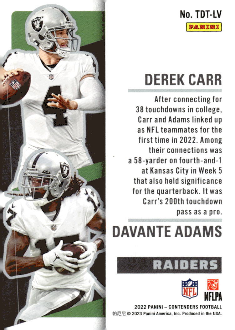 2022 Panini Contenders #TDT-LV Davante Adams / Derek Carr SN25 Touchdown Tandem*