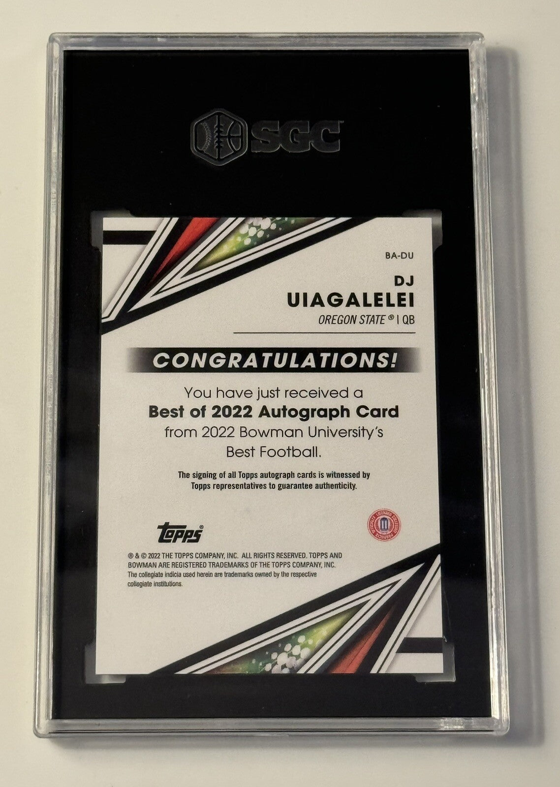 2022-23 Bowman's Best University DJ Uiagalelei RC Autographed Card BADU SGC 9.5