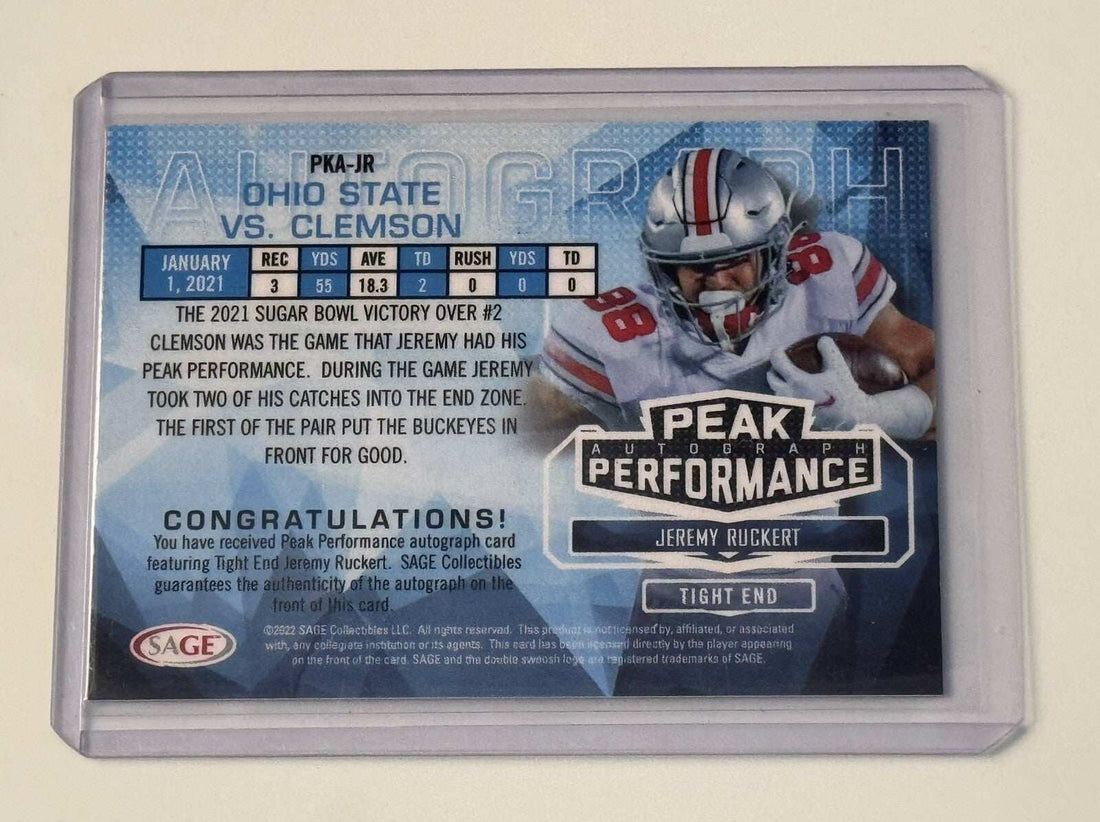 Jeremy Ruckert RC Auto 2022 SAGE High Peak Performance football trading card with autograph in protective case