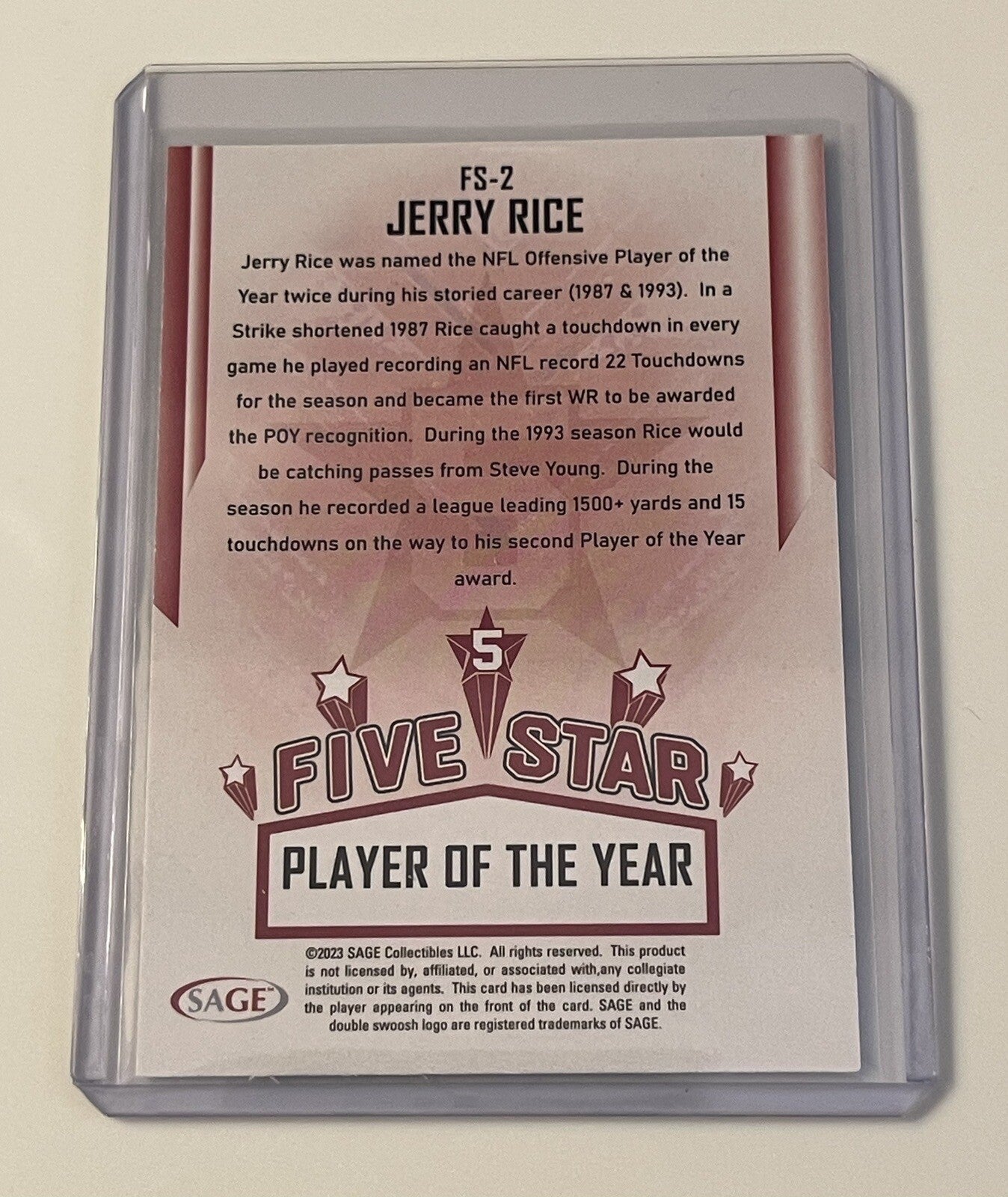 2023 SAGE HIT Five Star Jerry Rice /Player of the Year NFL HOF 49ers Card #FS-2*