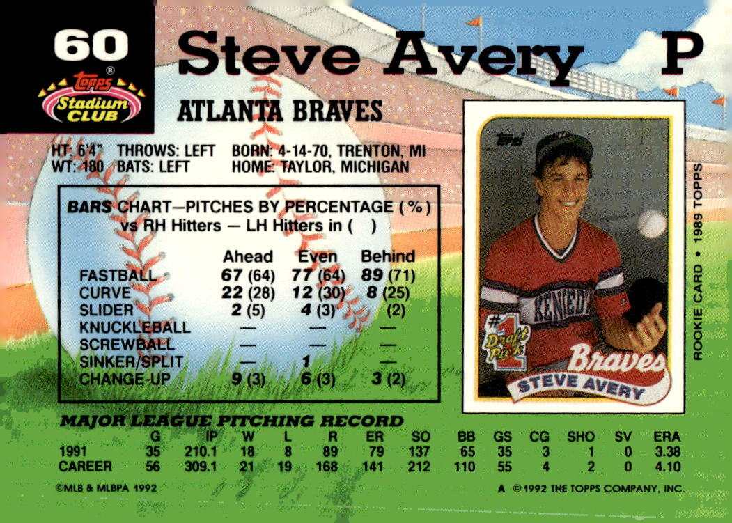 1992 Stadium Club Steve Avery Atlanta Braves baseball card pitching action