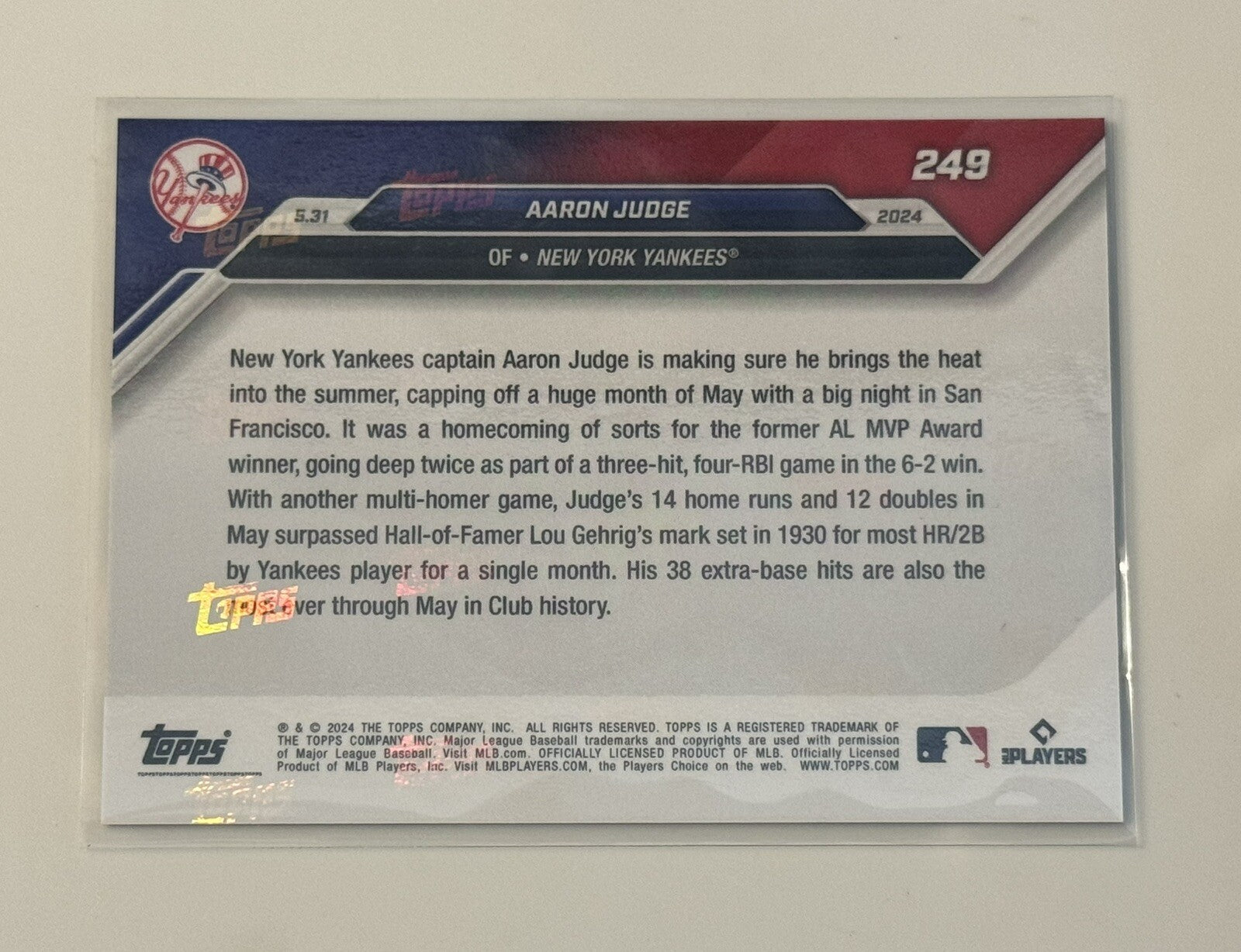 Aaron Judge - 2024 MLB TOPPS NOW Card 249 - Surpasses Gehrig NY Yankees History*