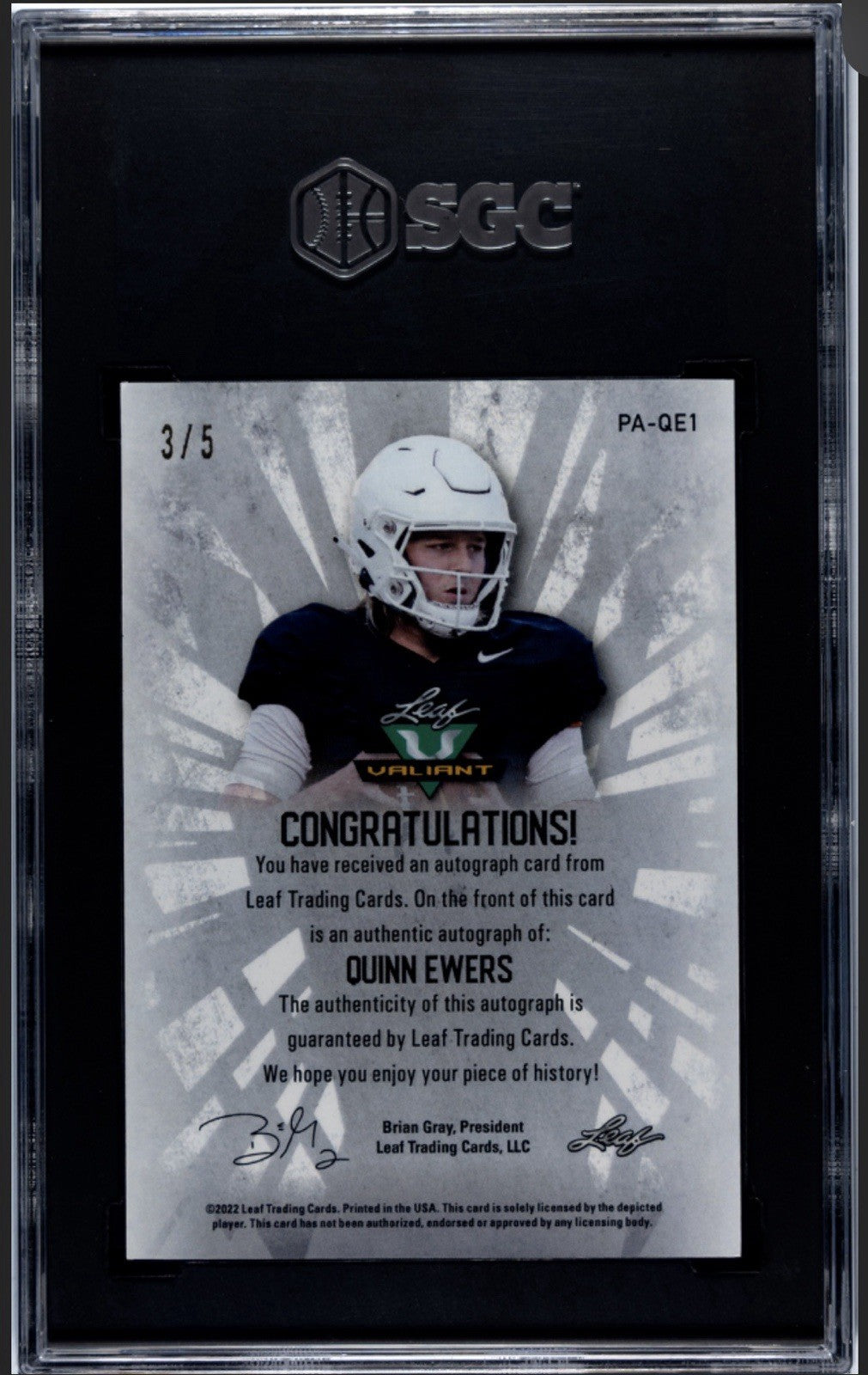 3/5* 2022 LEAF FLASH QUINN EWERS RC* AUTOGRAPH Leopard Crystal #BA-QE1 - SGC 8.5