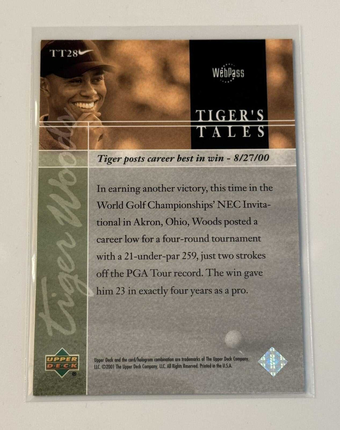 2001 Upper Deck Tiger Woods Tiger's Tales Rookie #TT28 PGA Tour golf card in near mint condition