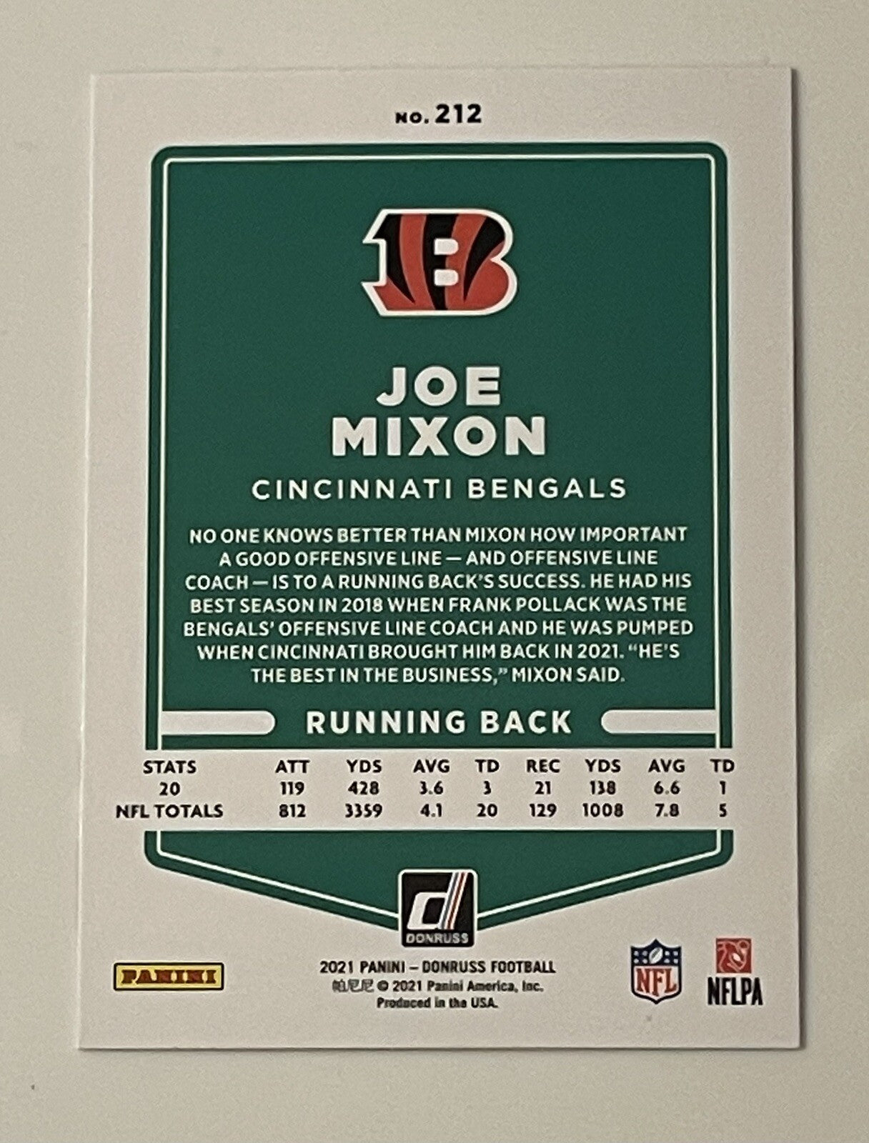 JOE MIXON 2021 Panini Donruss Football Card #212 NFL Cincinnati Bengals Football