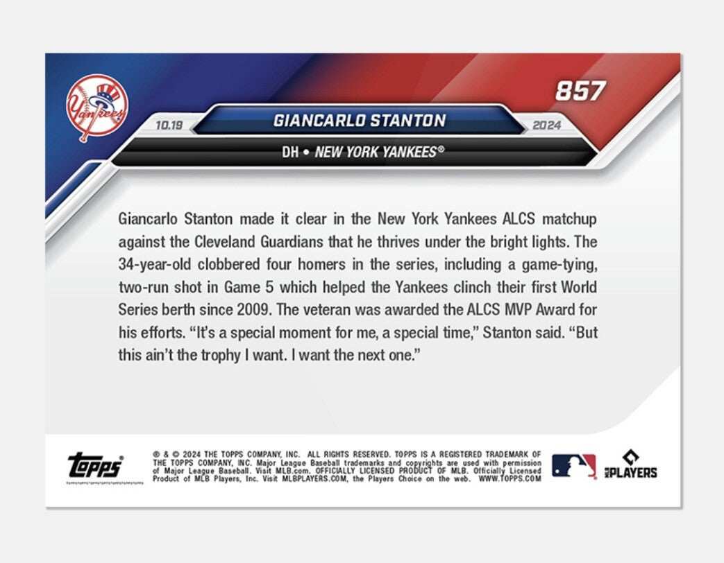 Giancarlo Stanton ALCS MVP 2024 Topps Now NY Yankees baseball card celebrating 4-HR series championship