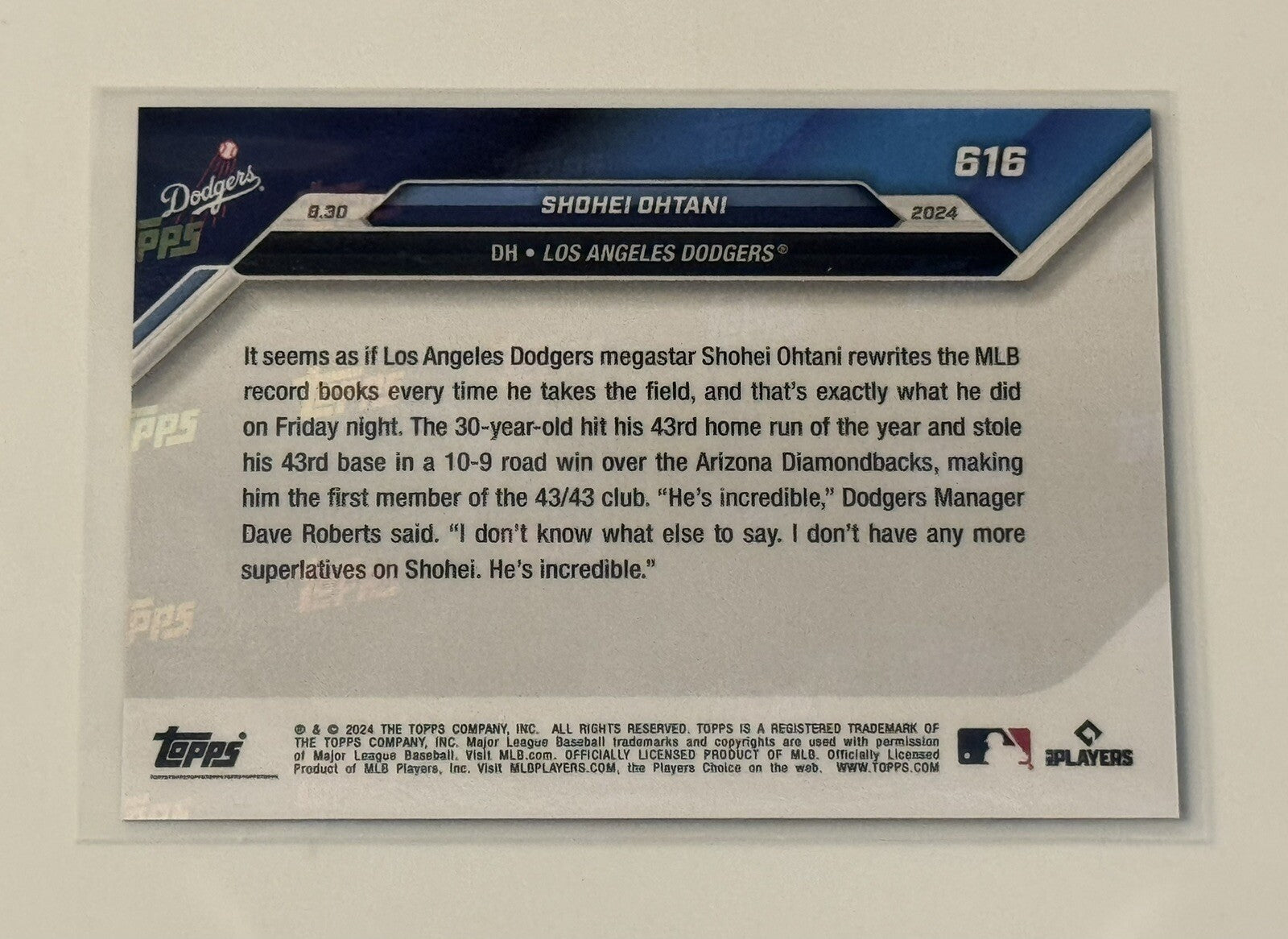 Shohei Ohtani 2024 TOPPS NOW 616 First in MLB Dodgers History with 43/43 Season