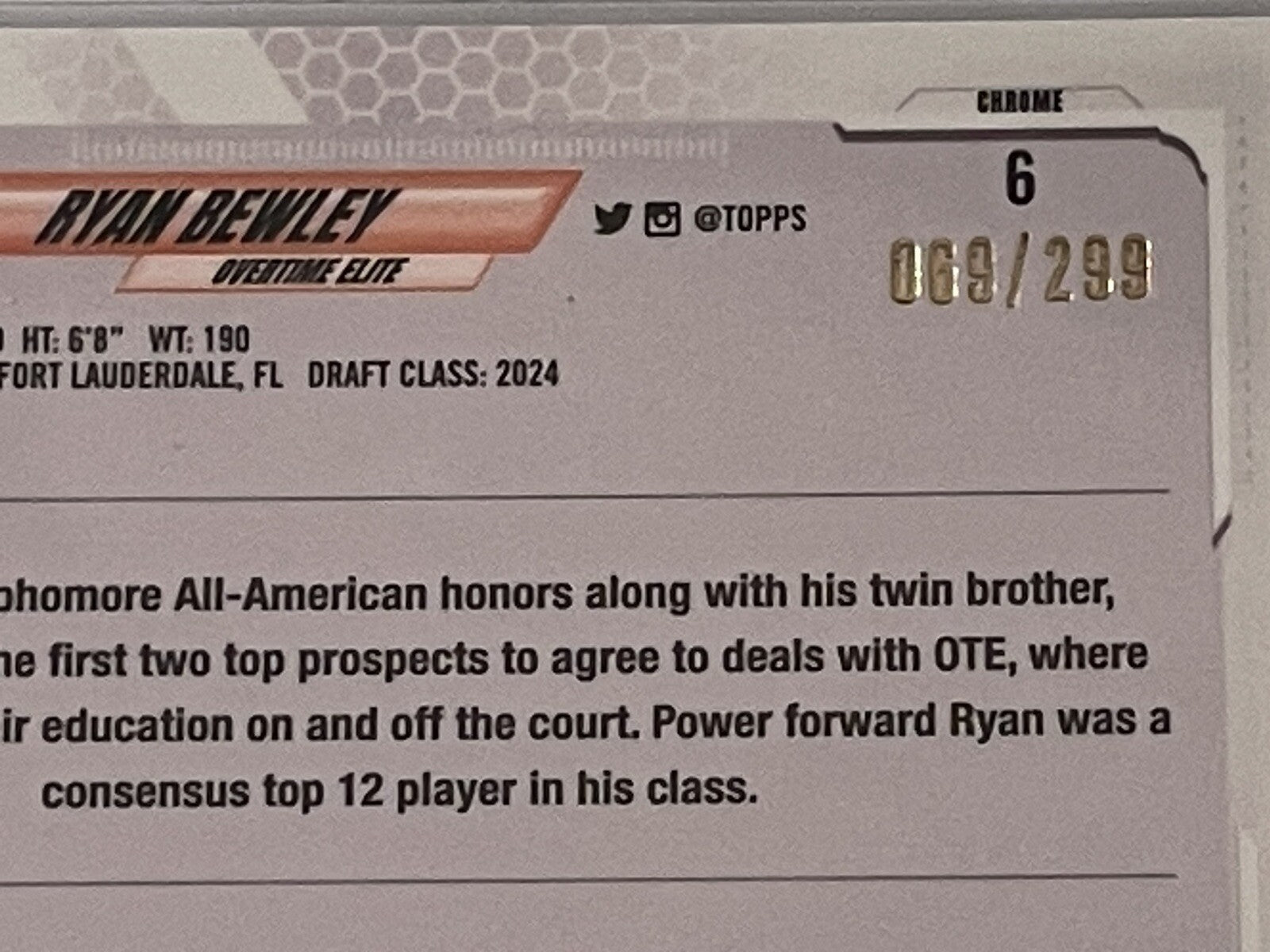 Ryan Bewley* RC 2021-22 Topps Chrome OTE Baske #6 Rookie Purple Refractor 69/299