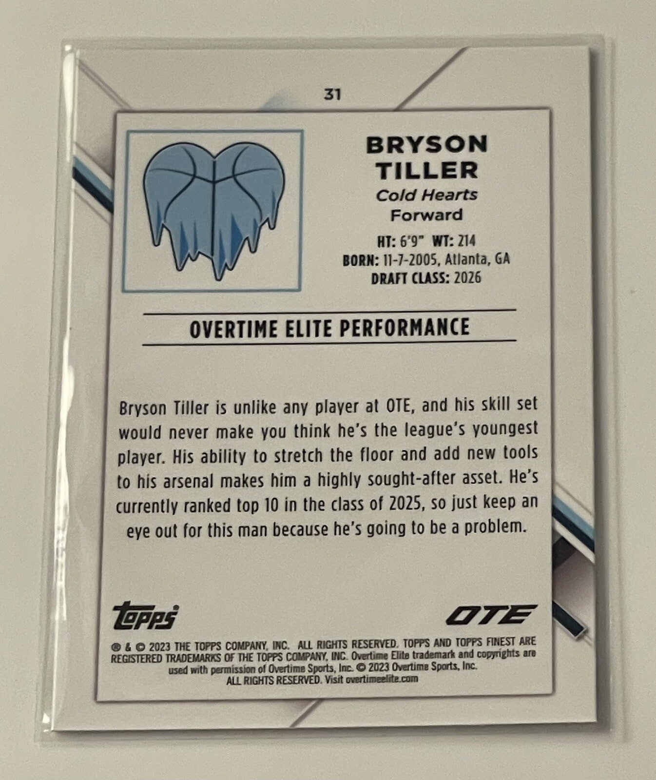 2022-23 Topps Finest OTE Bryson Tiller* RC Basketball OTE Rookie #31 Cold Hearts