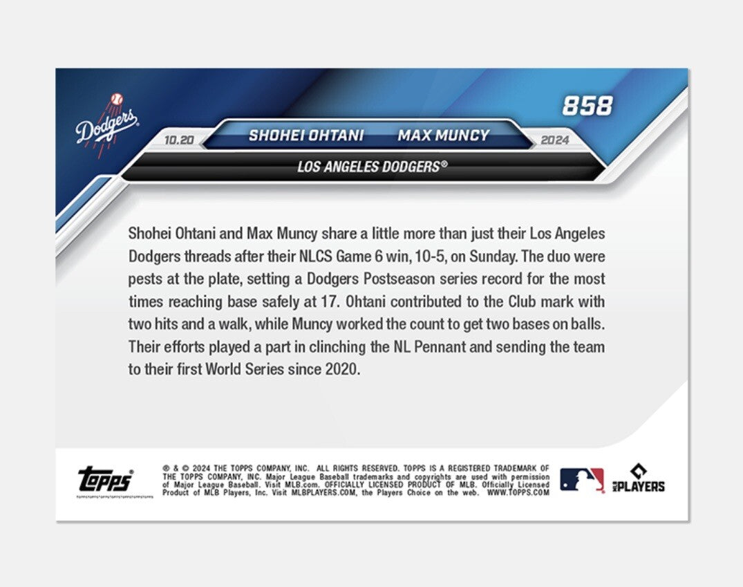 2 CHAMPS! Shohei Ohtani/Muncy NLCS Champs 2024 MLB Topps NOW Card #858 - PRESALE