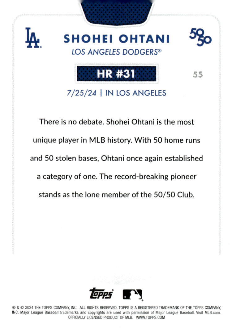 50/50 LIMITED EDITION! Shohei Ohtani MLB LA Dodgers 2024 TOPPS NOW Season #HR 31