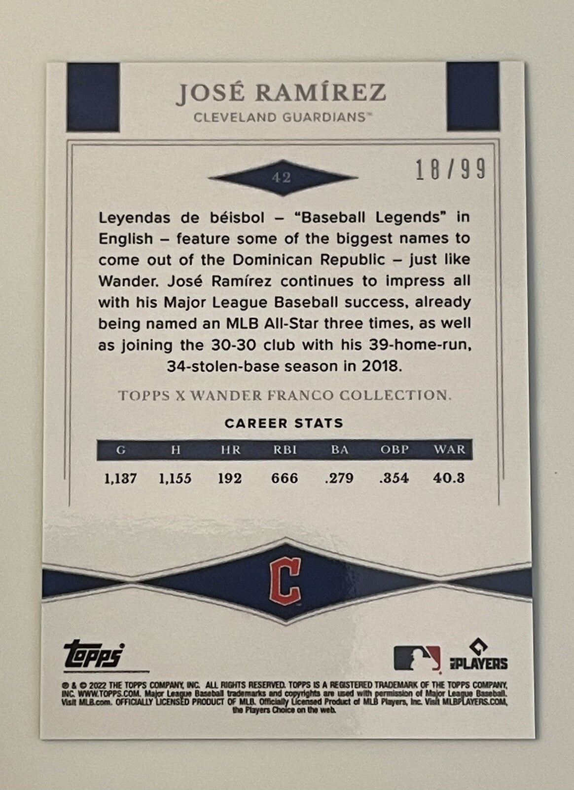 JOSE RAMIREZ 18/99 2022 Topps X Wander Franco Leyendas de Beisbol #42 Guardians
