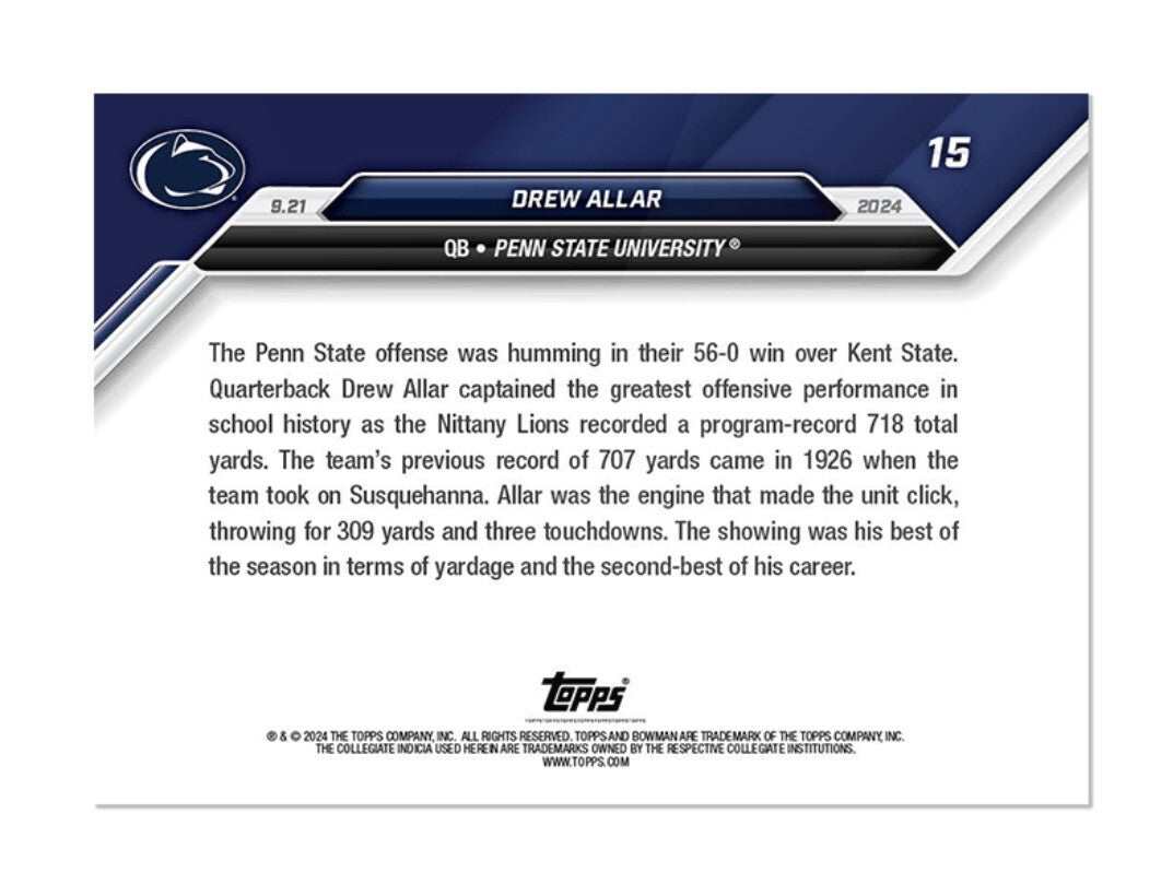 Drew Allar RC 2024 Bowman U Topps Now rookie card Penn State Lions football player in action