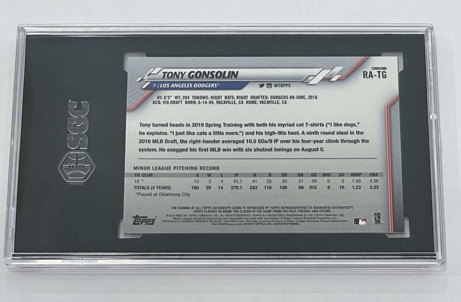 Tony Gonsolin 2020 Topps Chrome RC Auto baseball card graded SGC 10 Los Angeles Dodgers