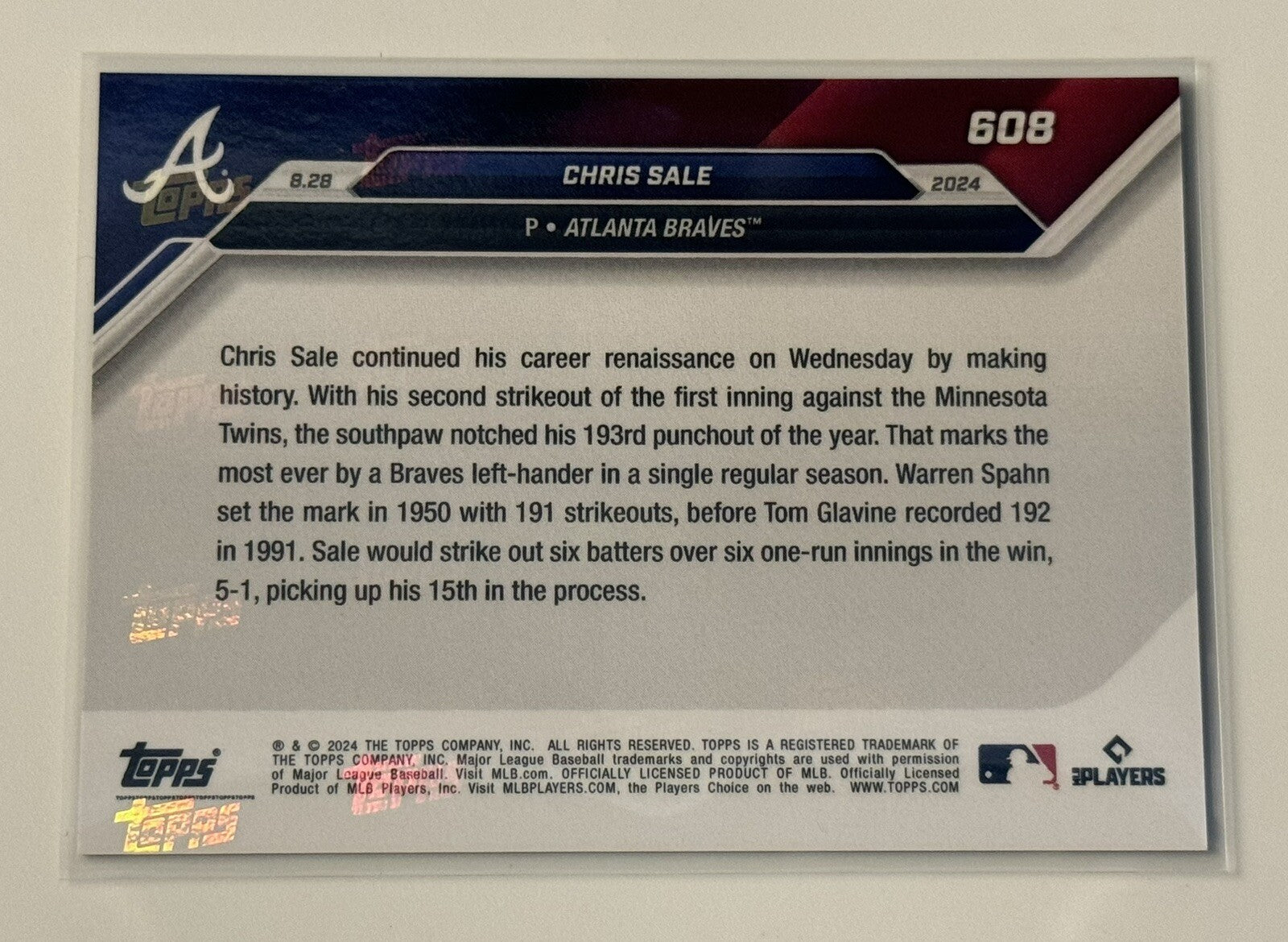 6/25* Chris Sale Braves K Record By Lefty 2024 MLB TOPPS NOW Card 608 Braves CY?