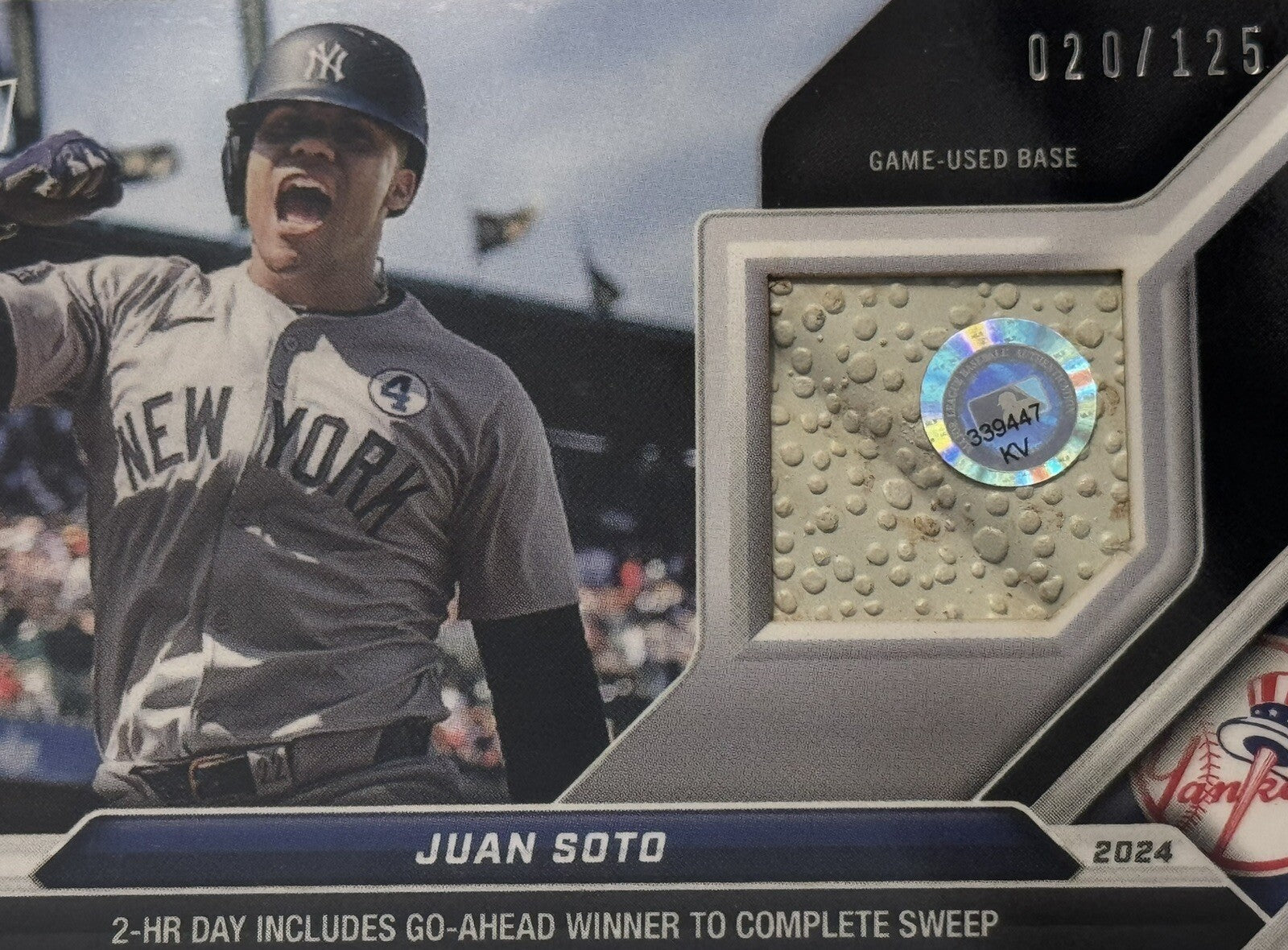 20/125 JUAN SOTO* 2024 Topps NOW 2 HR DAY Game-Used Base Relic #254A MLB Yankees